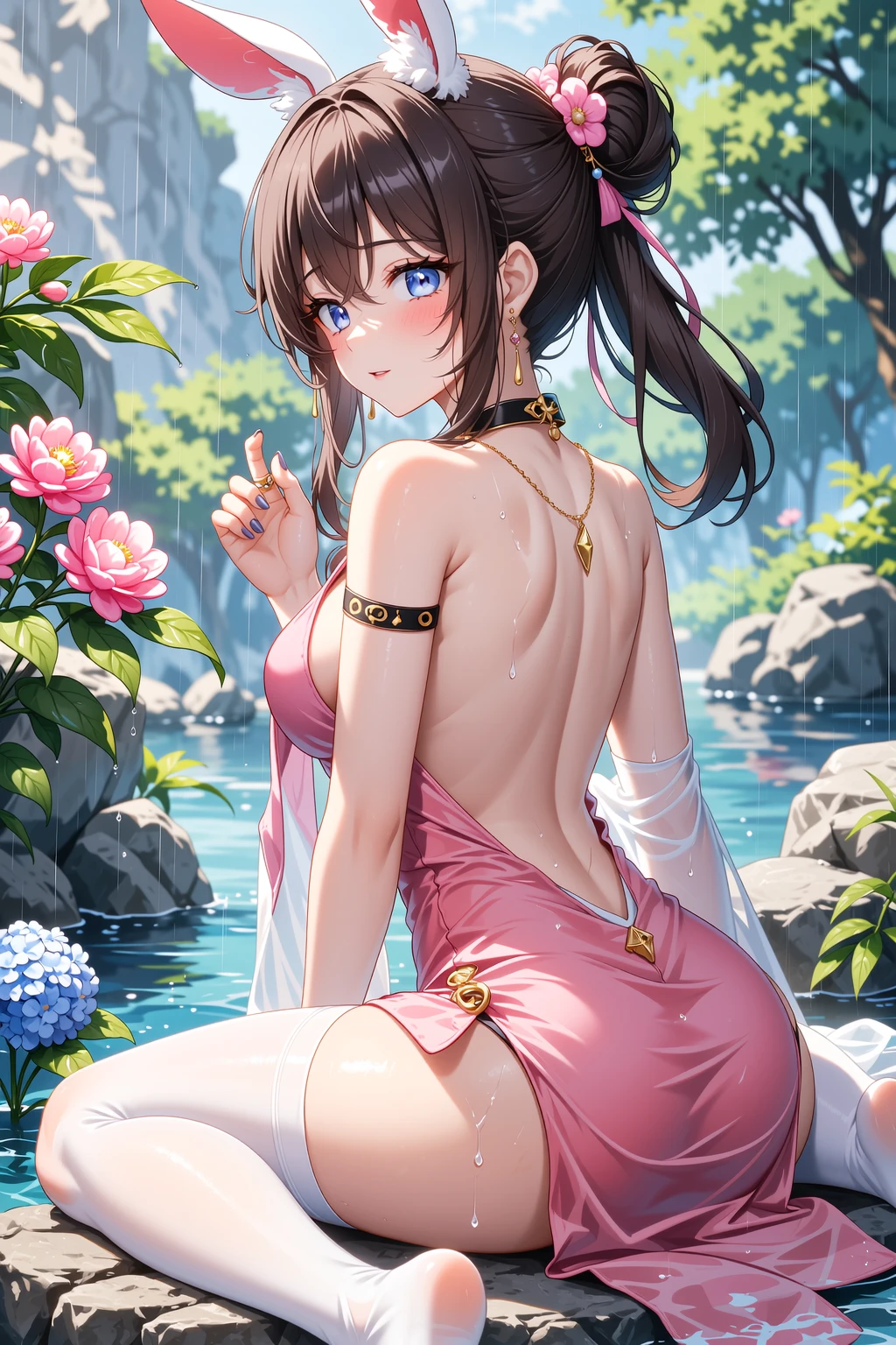 portrait,(NSFW 0.75) boy,woman, ((princess pose)) ,very very big breast, soft nylon sexy saree , orange , pink ,teal,red, yellow colour ,flower design modern light wedding saree, colorful, flower armor, good anatomy, best quality, (((masterpiece))), high quality, realist, best detailed, details, realist skin, skin detailed, underboobs, beautiful posing under a fairy tale of exotic magic,lehenga choli, girl immersed in water , soaked saree, meadows background , bokeh effect , chubby , nipple slip , put milk in breast,off shoulder, strapless blouse, different saree wearing style,(multi chain jewellery blouse),(wearing jewellery on blouse)(buttocks and looking back) ((sitting on rock, spreading legs wide open, yellow sareee))