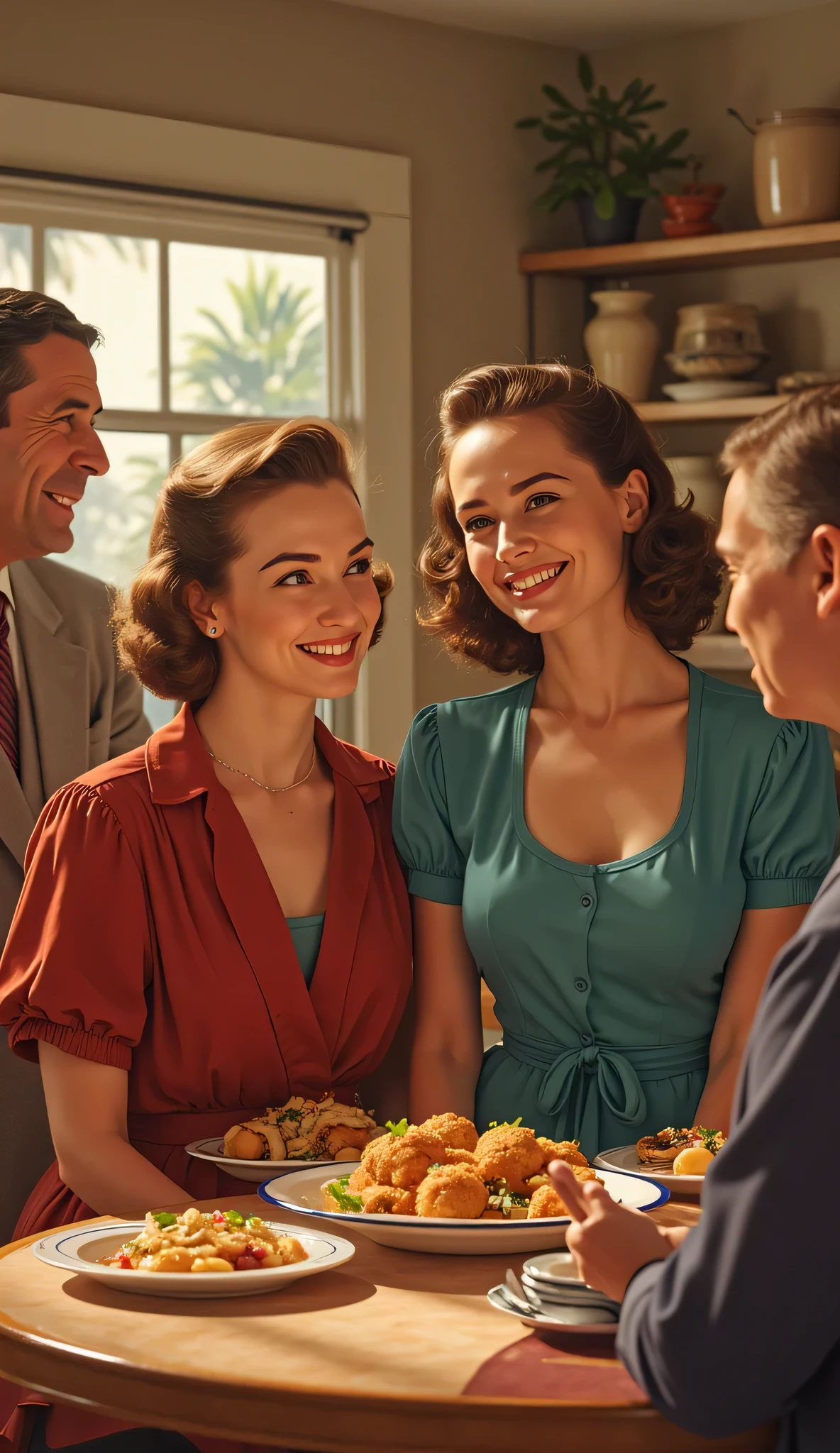 1940 California Home Party,Illustration-style family photos,relaxed atmosphere,Assorted hors d'oeuvres,Dress Up,during the day,2 couples ,Group Photo,illustration style,Warm Light,soft focus,high resolution,realistic illustration,HDR,painting style