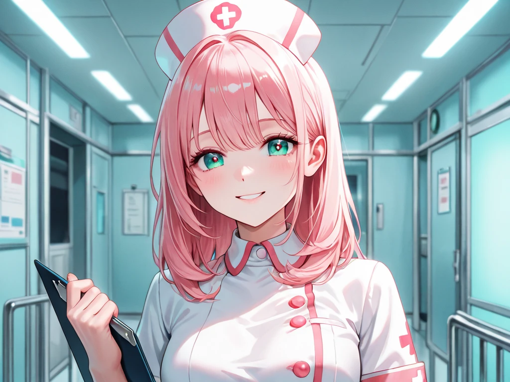 (Highest quality, 8k, 32K, masterpiece, Ultra-high resolution,:1.2),to be born, One Girl,So cute ,hospital, A fantasy background reminiscent of an electronic world, clear, Shining Eyes, Age 25 ,Fair skin, Pink Haired Girl, Nurse uniform, An innocent smile, blue eyes, Pierced ears sparkle, An elegant necklace adorns her slender neck., Rings and bracelets decorate the fingers. expensive_, , doctor, Pause, ponytail