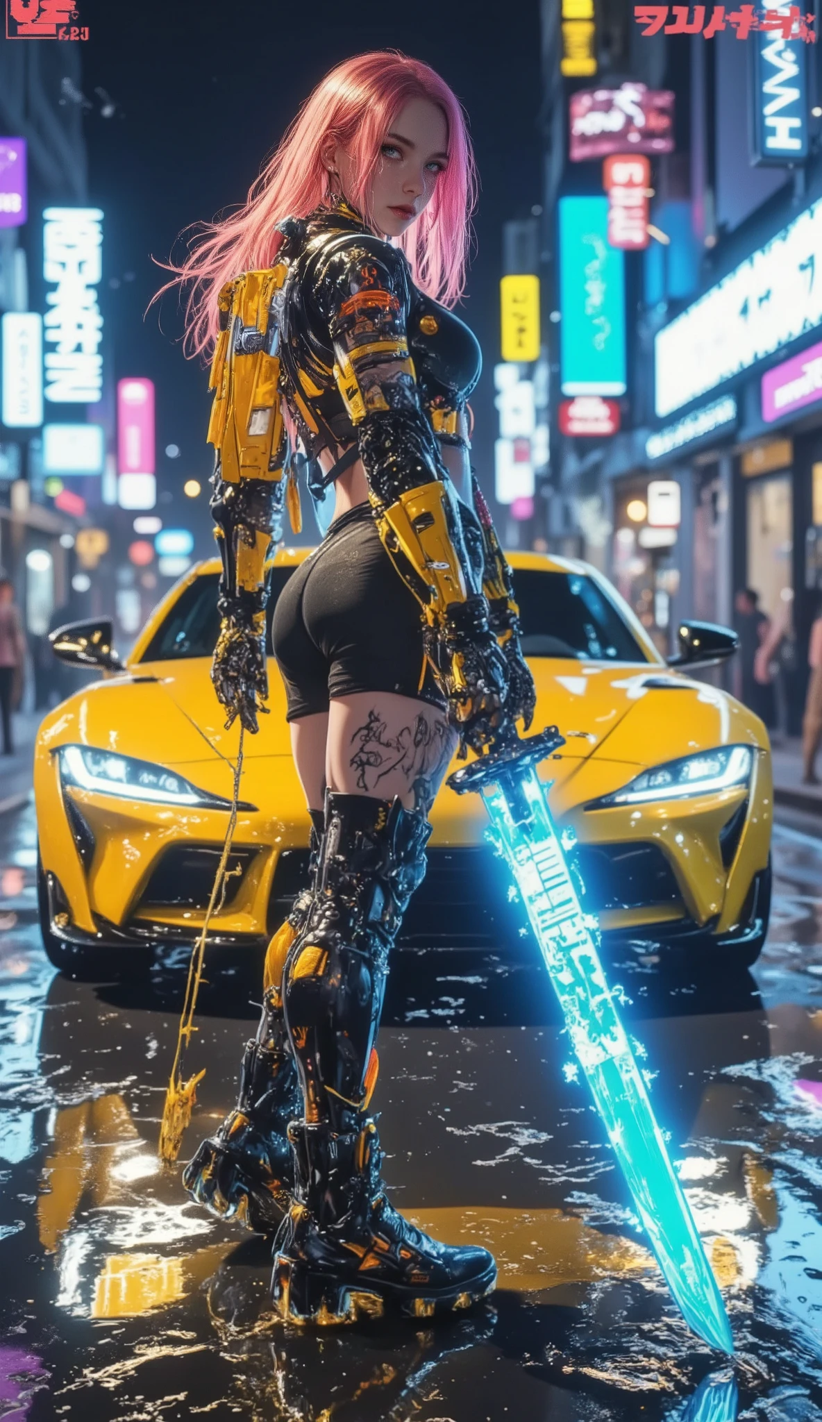 Cyberpunk female warrior in dramatic three-quarter profile view, facing left, with vibrant pink-to-orange gradient hair flowing slightly in the wind. She wears high-tech yellow and black armored exoskeleton gear with glowing orange and blue LED accents, tactical harness, reinforced shoulder pads, thigh guards labeled "V2.0", knee braces, and combat boots with glowing soles. Her left arm features detailed biomechanical tattoos. She holds a vertical glowing energy sword emitting soft blue light, blade reflecting on wet pavement. Background: neon-lit futuristic city at night, blurred yellow sports car behind her, rain-soaked street with reflections of electric blues, yellows, and purples. Cinematic side lighting highlights her face and armor contours. Hyper-realistic digital art, 8K resolution, sharp focus, depth of field, dramatic shadows, reflective surface. Style: cyberpunk concept art, neon noir, Blade Runner meets Cyberpunk 2077, Artgerm aesthetic. Mood: intense, mysterious, powerful, urban futurism