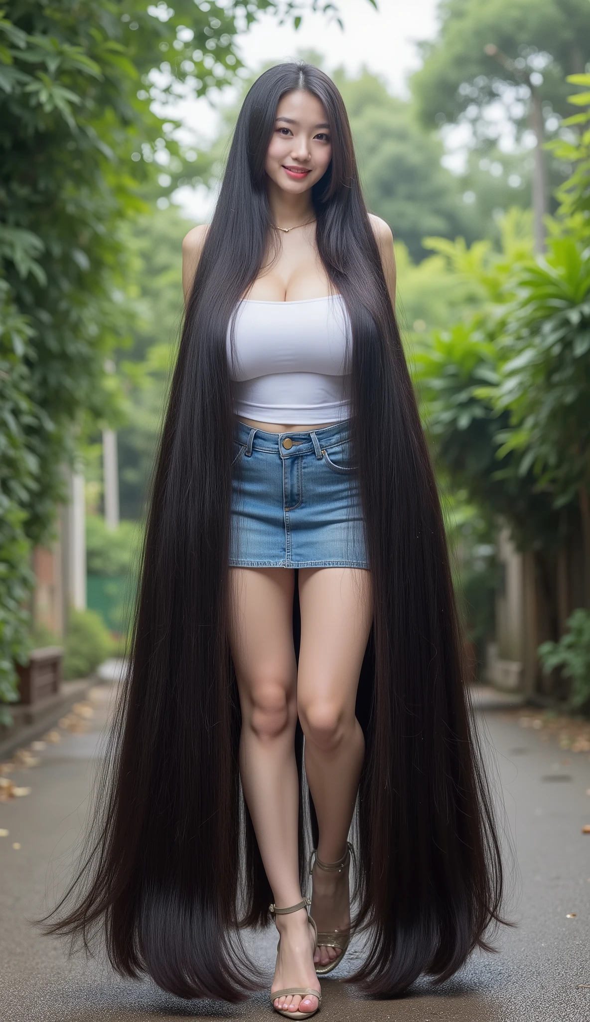(Masterpiece, super detailed, hanging boob, 8k) Very cute and young Asian girl with dimples.she is standing.She wears a sleeveless and strapless white tube dress very tight, fitted tight denim mini skirt and white high heel. She has the longest black hair .She has the longest light black hair up to 32 meters long. She wears a sleeveless white mini dress, round butt and highest hips . Her longest hair is super straight and soft .She has the longest to the toes , Caucasian .Background is the street in the garden. She spread her long, She stands on the dirty and wet slum, ((Picture taken from 32 meters away)) famous brand handbag handle.(( no extra limbs, no finger deformity))