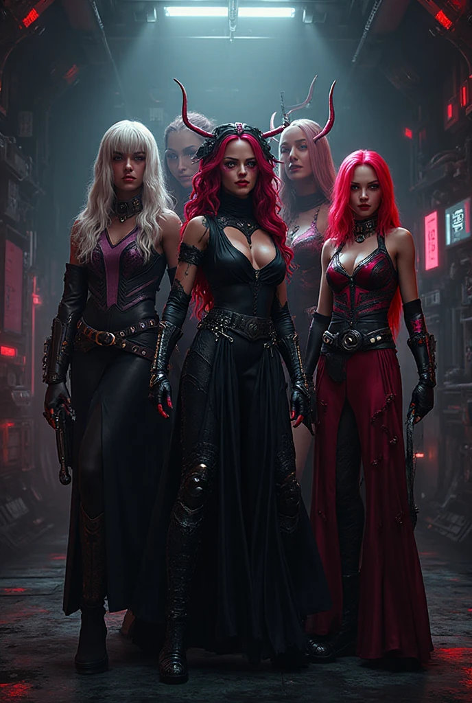 create 4 dark themed korean kpop girls with different colored hair