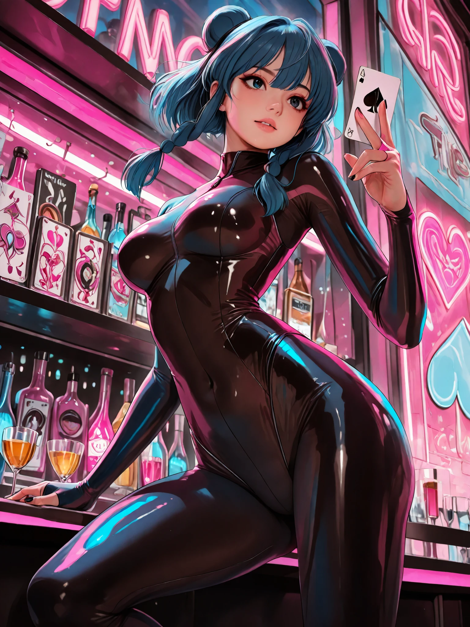 masterpiece, best quality, solo, Spades card, magical girl holding Spades card, card on hand,  magical girl outfit, natural face, action pose, at the bar, pink neon light, blue and black color palette, dutch angle, from below.