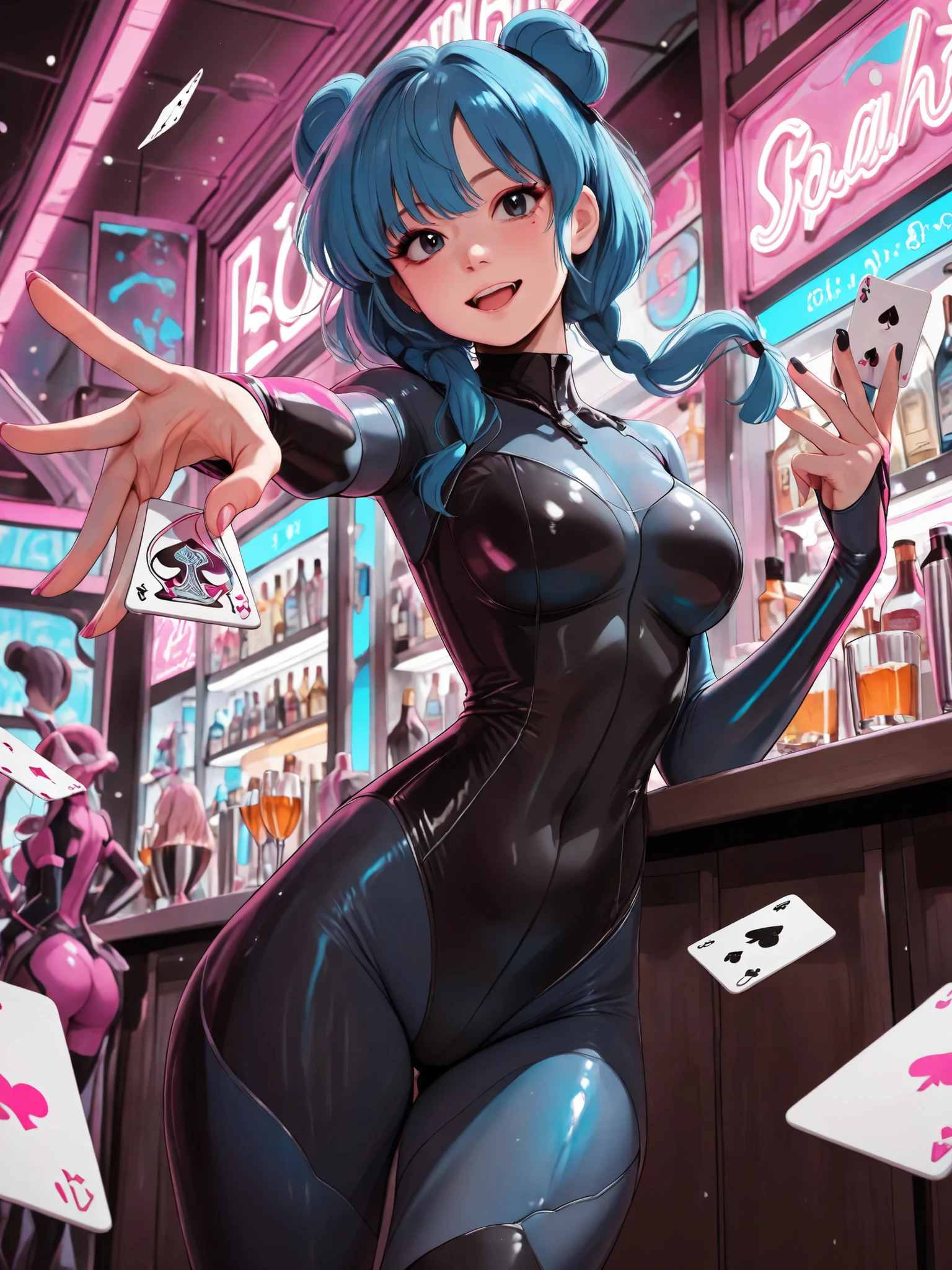 masterpiece, best quality, Spades card, magical girl holding Spades card, card on hand,  magical girl outfit, natural face, action pose, at the bar, pink neon light, blue and black color palette, dutch angle, from below.
