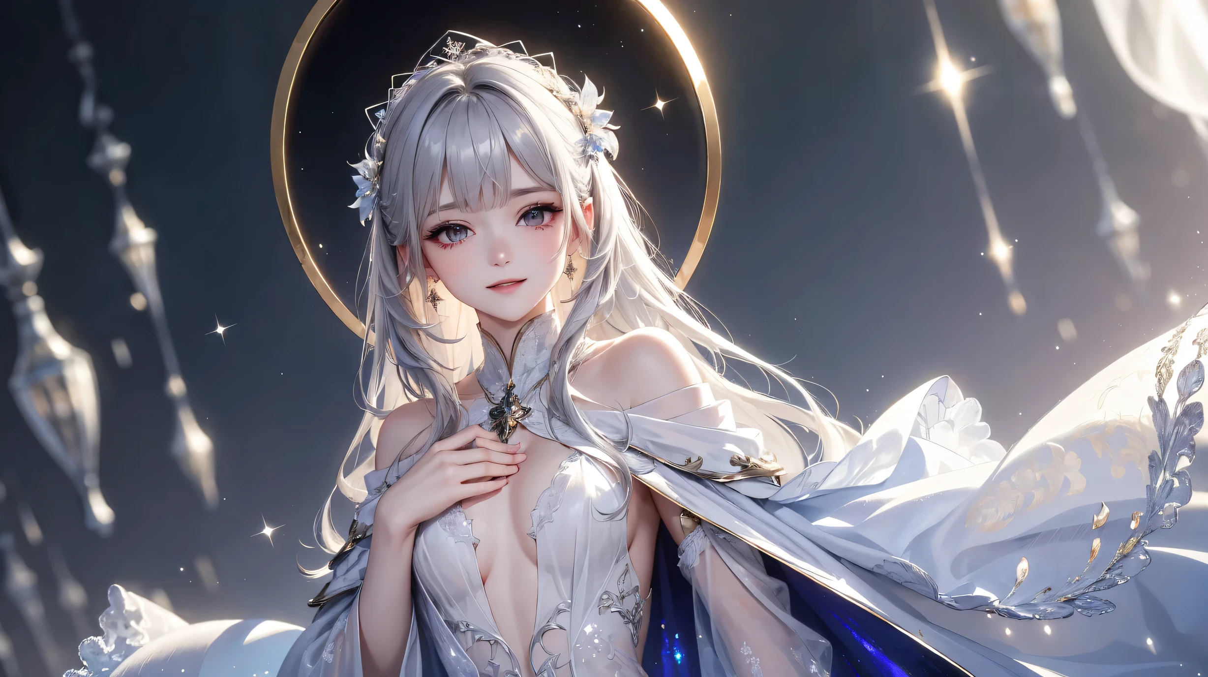 (masterpiece),(4K),high quality,(small breasts),sexy girl、Sexy Saints , Long Silver Hair ,My skin is white,smile, Beautifully detailed gray eyes, ( high-definition and elegant ),( White Capelet Fashion), magical color and atmosphere, detailed skin from sleeve to chest,(Cute sparkle), Particles of Light, The background is softly blurry , Adds a dramatic and symbolic element to the scene, Explanatory border in front of the large end, Bokeh, silky touch , see-through silk, soft, Lightweight clothing、beautiful and neat face、see-through 、 Hyperdetail,creates a dreamy elegant atmosphere