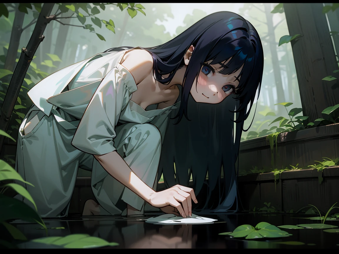 ((Masterpiece, Very High Definition, HD 12k Resolution)). ((Night Scene: In the forest under very heavy rain, with puddles of muddy water, all very detailed and perfect)). ((A woman, Full body woman, Woman lost in the forest)). ((Woman is wearing a white sleeveless school uniform, Woman is wearing a wide black skirt, Wide skirt, Knee-length skirt, Mid-skirt, Woman is without shoes, Woman is barefoot)). ((Perfect face, Very detailed face, Woman has purple eyes, Perfect eyes, Detailed eyes, Perfect expressions, Exhausted and worn look)). ((Woman has a very worried expression, Scared expression, Woman has very long straight black hair)). ((raised , woman with raised , woman lifting , Woman with mud stains, woman with mud)). ((120 cm , 130 cm , Exaggeratedly giant , Exaggeratedly large , Exaggeratedly , Exaggeratedly , Exaggeratedly wide thighs, Exaggeratedly , Very thick thighs, Huge , Very pronounced curves, body)). Side view from above of woman, Top view from left side of woman, Top view from one side of woman from, pose, pose , woman lifting her , woman raising her in pose, .