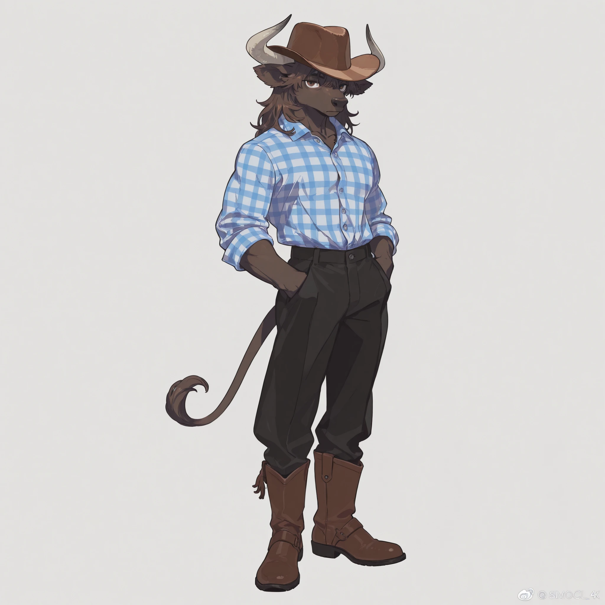 masterpiece, ultra-HD, impressionism, high detail, best quality, very aesthetic, 8K, best quality, beautiful, ultra-high resolution, 32K UHD, 4ki4k4ne_illu, 1man, solo, male, anthro furry, Minotaur, elongated snout, bull tail, bull ears, horns, brown fur, brown eyes, almond-shaped eyes, muscular, stocky, toned, huge, blue plaid buttoned shirt, brown cowboy hat, black pants, long brown boots, bored, expressionless, hand on pockets, standing, full body, looking at the viewer, simple background, front view