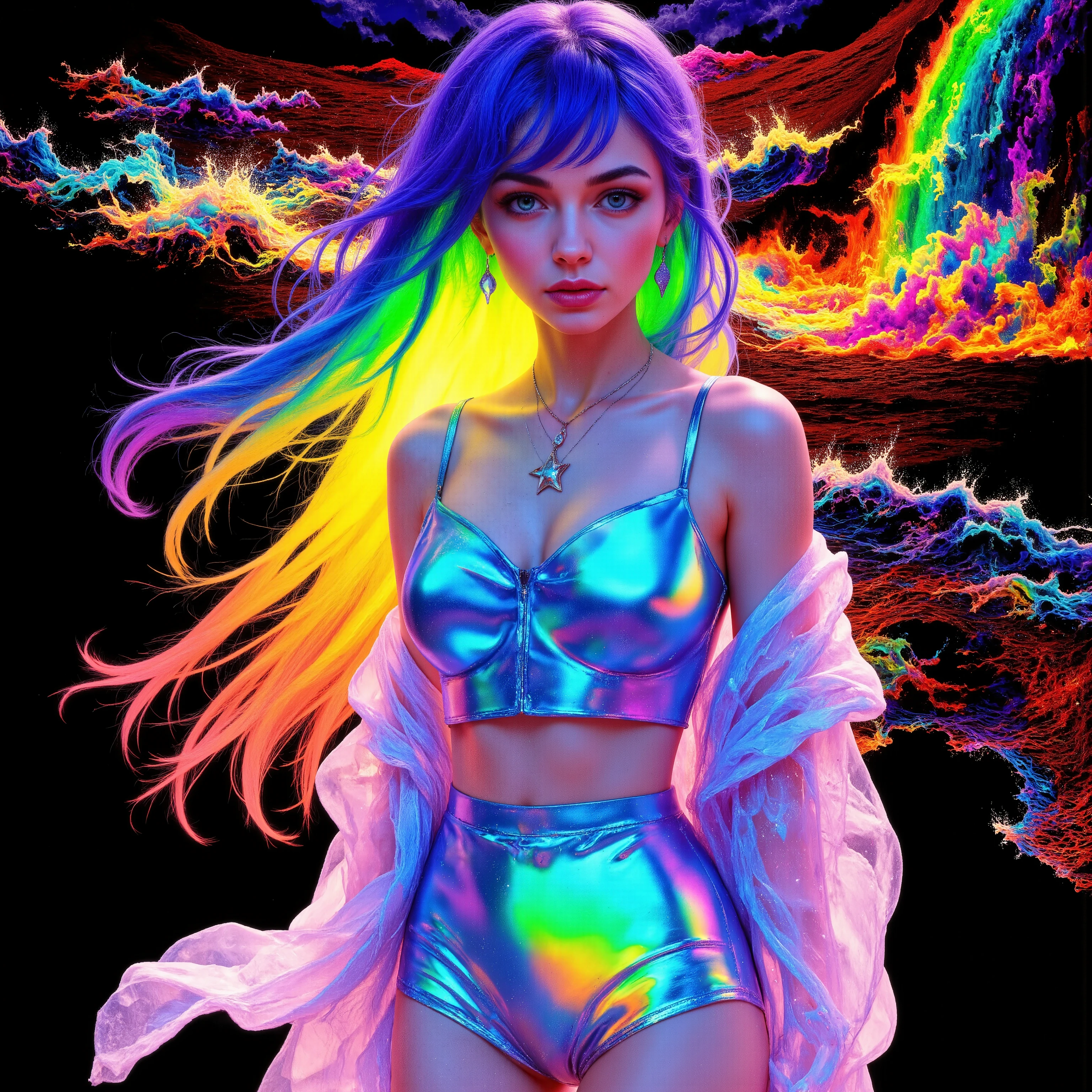 True vision applied to anime
Ultra-realistic, photo-realistic, ultra-detailed, insane 3D realism, cinematic photography, cinematography, full focus, UHDR, highres, physically-based rendering, professional movie quality images, icon style, iconic character, hypersensual, hyperrealistic, startling presence, dramatic icon, impactful, powerful, emotive, evocative, captivating, mesmerizing, hypnotic, trance-inducing, mind-bending, consciousness-expanding, enlightening, masterpiece. The woman is depicted with vibrantly colored hair, transitioning seamlessly from shades of purple and blue to bright yellows and oranges. Her attire is striking—a reflective metallic two-piece outfit consisting of a fitted crop top and high-waisted shorts, both casting rainbow-like hues across her form. Draped over her shoulders is a sheer jacket, softly blending transparent textures with hints of shimmer. Her neck is adorned with a delicate necklace featuring a star pendant, adding a subtle point of brightness. The background completes the figure, featuring an abstract, psychedelic cloud of vivid rainbow colors against a dark backdrop. The swirling patterns and bold color palette match the figure's hair as the cloud looks like it's pouring into the ocean, beach scene neon bright colors on the waves and on the hillside nearby. An image of a woman with a rainbow colored hair and a reflective metallic outfit, outfit reflects all colors, dreamy colorful cyberpunk colors, glitchpunk girl, cyberpunk fluorescent vibrant colors, cyberpunk art style, illustration iridescent, colorful aesthetic, hyper colorful, shiny colorful, ultraviolet and neon colors, beach scene, waves have a bright cyberpunk glow, neon cyberpunk vibrant colors, neon light and fantasy, colorful and dark, neon and fluorescent cyberpunk colors. Masterpiece.
