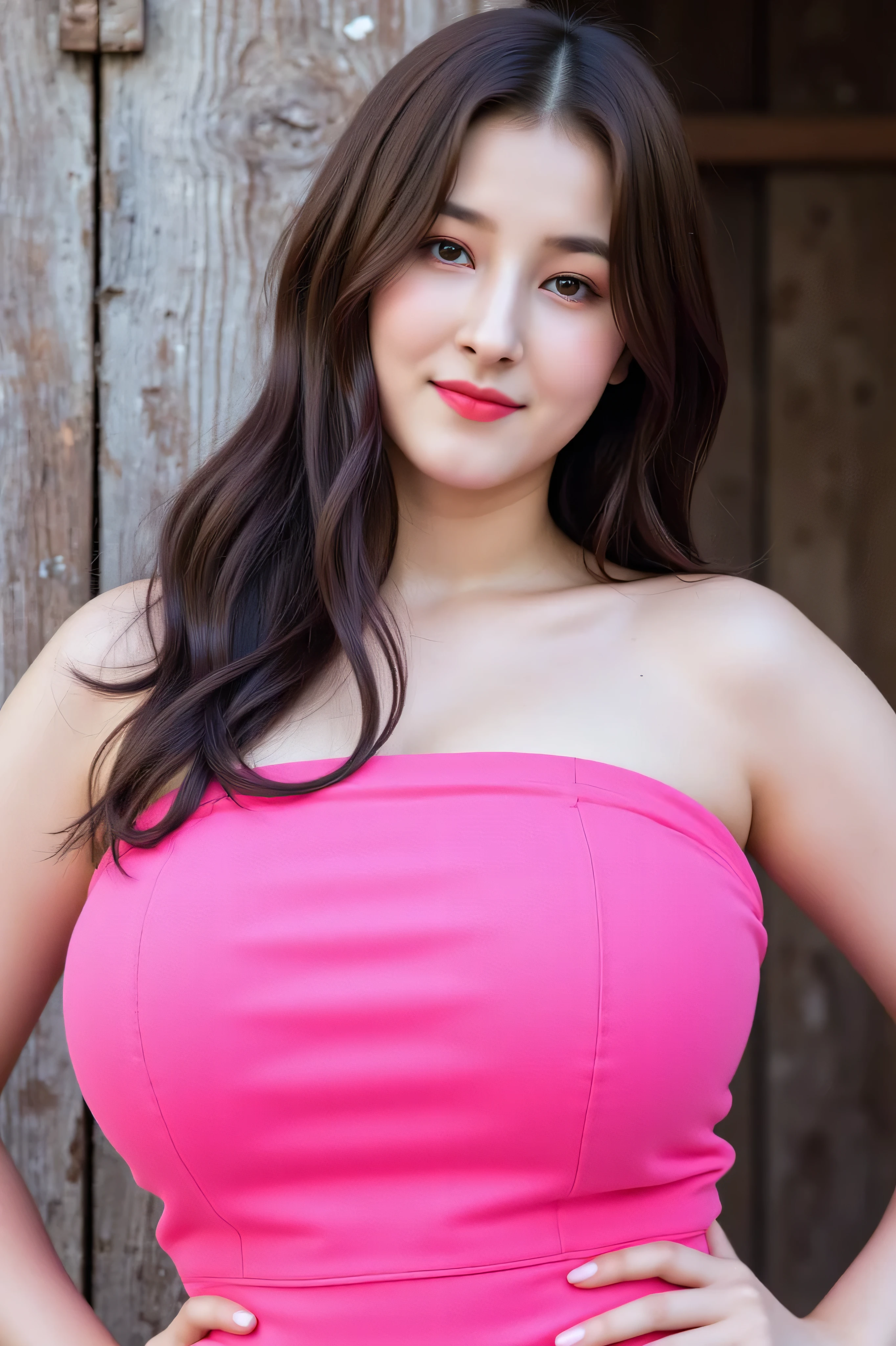 A Korean woman ， The most beautiful and delicate face , Movie Lighting , glow ,  huge breasts , Detailed lips , (parted lips) , ((huge full breasts)) , Perfect fit , Perfect image realism , Hyper-Realism、Photorealsitic、8K maximum resolution , (​masterpiece) , highly detailed , Professional , standing , (((high resolution , top quality , highly detailed , masterpiece , extremely detailed photo , realistic , real person , super detailed skin))) , looking at viewer , front view ,, slim petite body ,. upper body , portrait , neon pink strapless dress,in a barn,dirty barn,