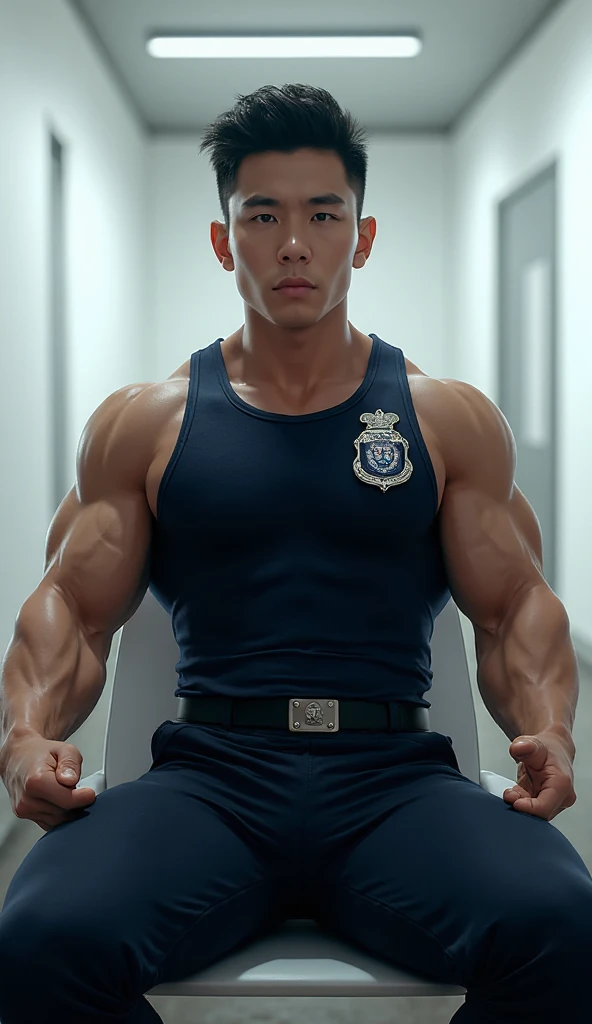 (handsome Man),(Thin mustache:1.1),(crew cut short hair:1.5),black eye,
(navy blue tight-fitting round neck short sleeve T-shirt:1.3),(Police badge:1.3),navy blue cargo pants,(navy_gloves:1,3),
Korean guy,chest muscles,large arm muscles,blood vessel,Big muscles,Broad shoulders,(open mouth:1.2),(face up:1.2),(open eyes:1.5),middle of the road,smile,(under town:1.4),
