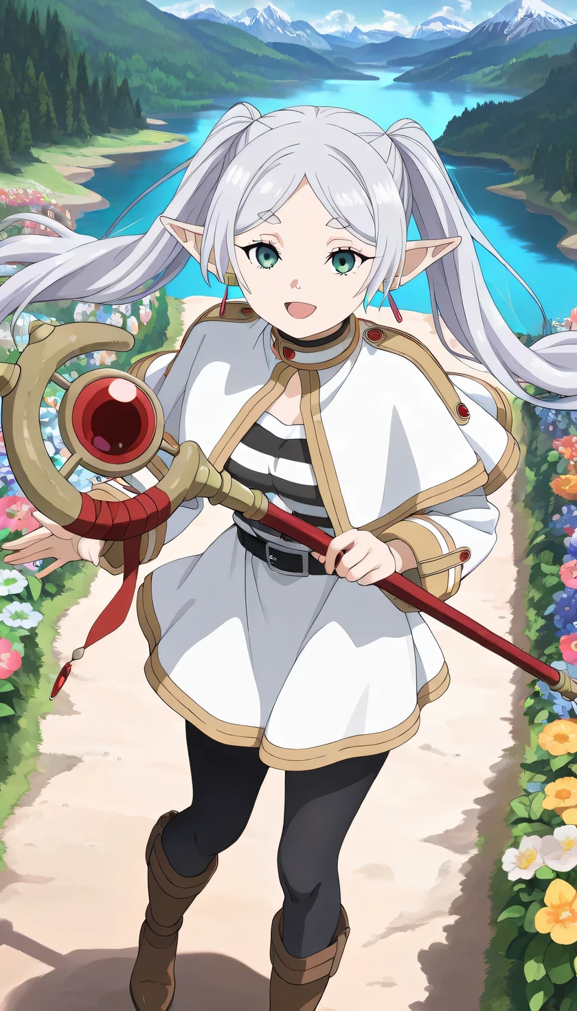 {{{masterpiece}}}, (best quality:1.5), (ultra-detailed:1.5), {illustration}, {{an extremely delicate and beautiful}}, (beautiful detailed eyes:1.2), absurdres, highres, extremely detailed face, 16k, hd, visual anime de uma jovem mulher, extremamente bonito rosto de anime, anime melhor garota, (perfect hands, perfect anatomy), anime face,, Frieren(Sousou no Frieren), 1girl, solo, cute face, elf, twintails, very long hair, silver hair, parted bangs, sidelocks, pointy ears, earrings, green eyes, medium breasts, big hips, curvaceous, BREAK, white capelet, frierenCasual, (horizontal striped shirt:1.4), (white sleeves:1.1), black belt, (white skirt:1.4), short skirt, (black pantyhose:1.3), BREAK, 1girl, solo, floating hair, magic staff, holding staff, BREAK, cute face, open mouth, smiling, standing on the lake, from above, outdoor, mountain, forest, flower garden, (cute gestures:1.2), mysterious