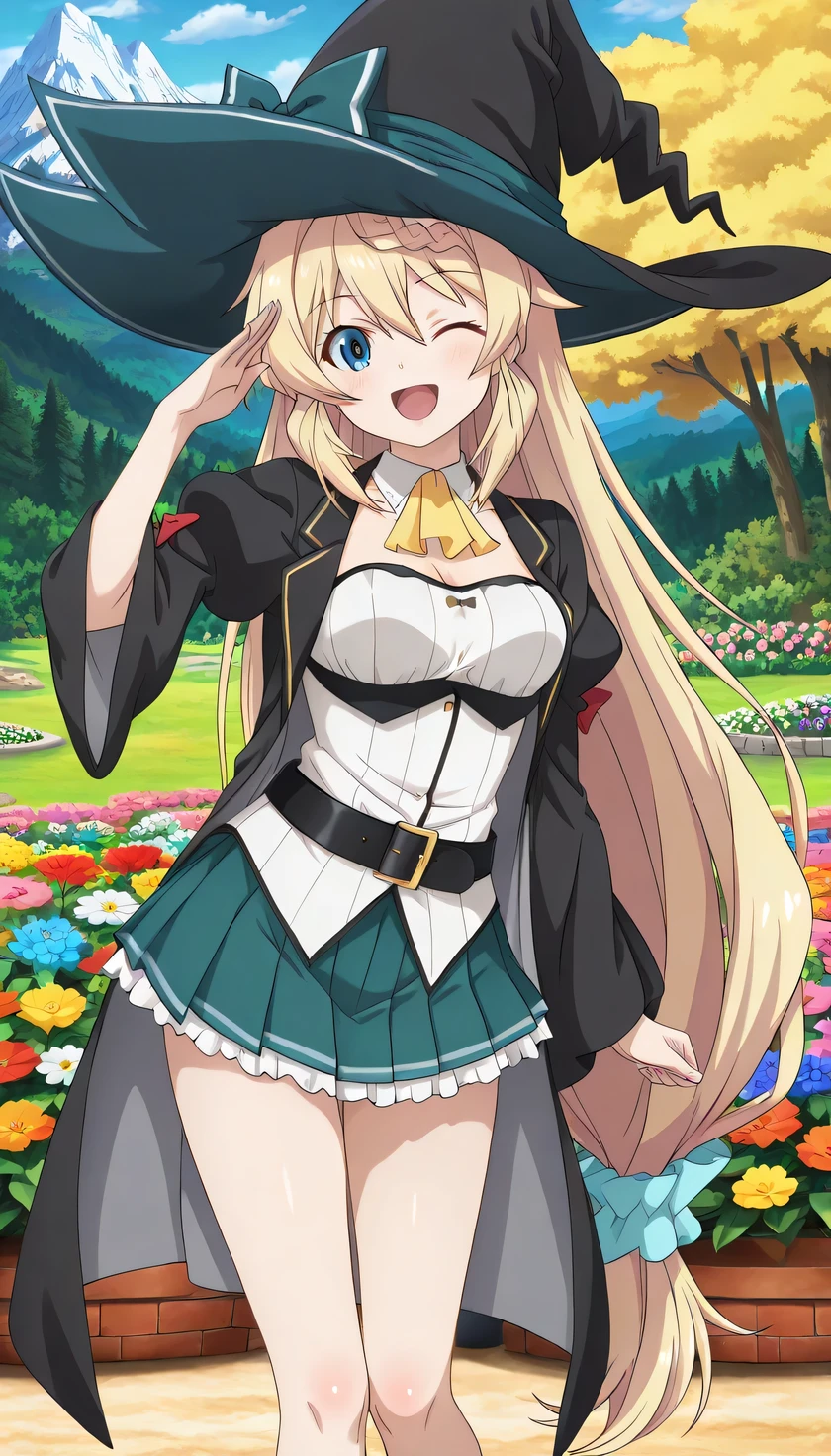 {{{masterpiece}}}, (best quality:1.5), (ultra-detailed:1.5), {illustration}, {{an extremely delicate and beautiful}}, (beautiful detailed eyes:1.2), absurdres, highres, extremely detailed face, 16k, hd, visual anime de uma jovem mulher, extremamente bonito rosto de anime, anime melhor garota, (perfect hands, perfect ), anime face, Aizawa Azusa (Slime Taoshite 300-nen, Shiranai Uchi ni Level Max ni Nattemashita), azusa-default, 1girl, solo, cute face, long hair, blonde hair, very long hair, braid, (low-tied long hair:1.3), sidelocks, hair between eyes, blue eyes, slender, , big , curvaceous, BREAK, witch, witch hat, (witch coat:1.2), black coat, long sleeves, wide sleeves, juliet sleeves, open coat, (white shirt:1.5), detached collar, yellow ascot, strapless, black belt, green skirt, mini pleated skirt, microskirt, white petticoat, BREAK, salute, two-finger salute, smiling, one eye closed, happy smile, flushed cheeks, standing, posing, outdoor, mountain, forest, flower garden, (bust shot:1.3)