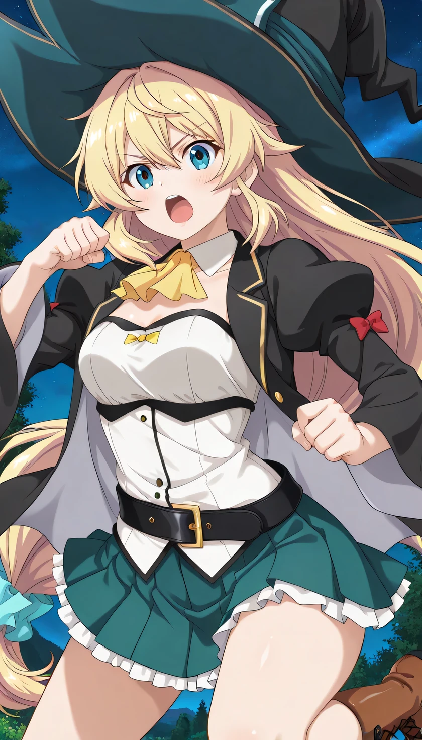 {{{masterpiece}}}, (best quality:1.5), (ultra-detailed:1.5), {illustration}, {{an extremely delicate and beautiful}}, (beautiful detailed eyes:1.2), absurdres, highres, extremely detailed face, 16k, hd, visual anime de uma jovem mulher, extremamente bonito rosto de anime, anime melhor garota, (perfect hands, perfect ), anime face, Aizawa Azusa (Slime Taoshite 300-nen, Shiranai Uchi ni Level Max ni Nattemashita), azusa-default, 1girl, solo, cute face, long hair, blonde hair, very long hair, braid, (low-tied long hair:1.3), sidelocks, hair between eyes, blue eyes, slender, , big , curvaceous, BREAK, witch, witch hat, (witch coat:1.2), black coat, long sleeves, wide sleeves, juliet sleeves, open coat, (white shirt:1.5), detached collar, yellow ascot, strapless, black belt, green skirt, mini pleated skirt, microskirt, white petticoat,  legs, brown boots, Cross-laced shoes, knee boots, lace-up boots, BREAK, solo, open mouth, , fighting stance, duel, clash, punch, punching viewer by her fist, over action, hair floating, messy hair, flushed cheeks, looking at viewer, outdoor, sky, night, night view, cowboy shot, (dynamic angle:1.3), peer in from below