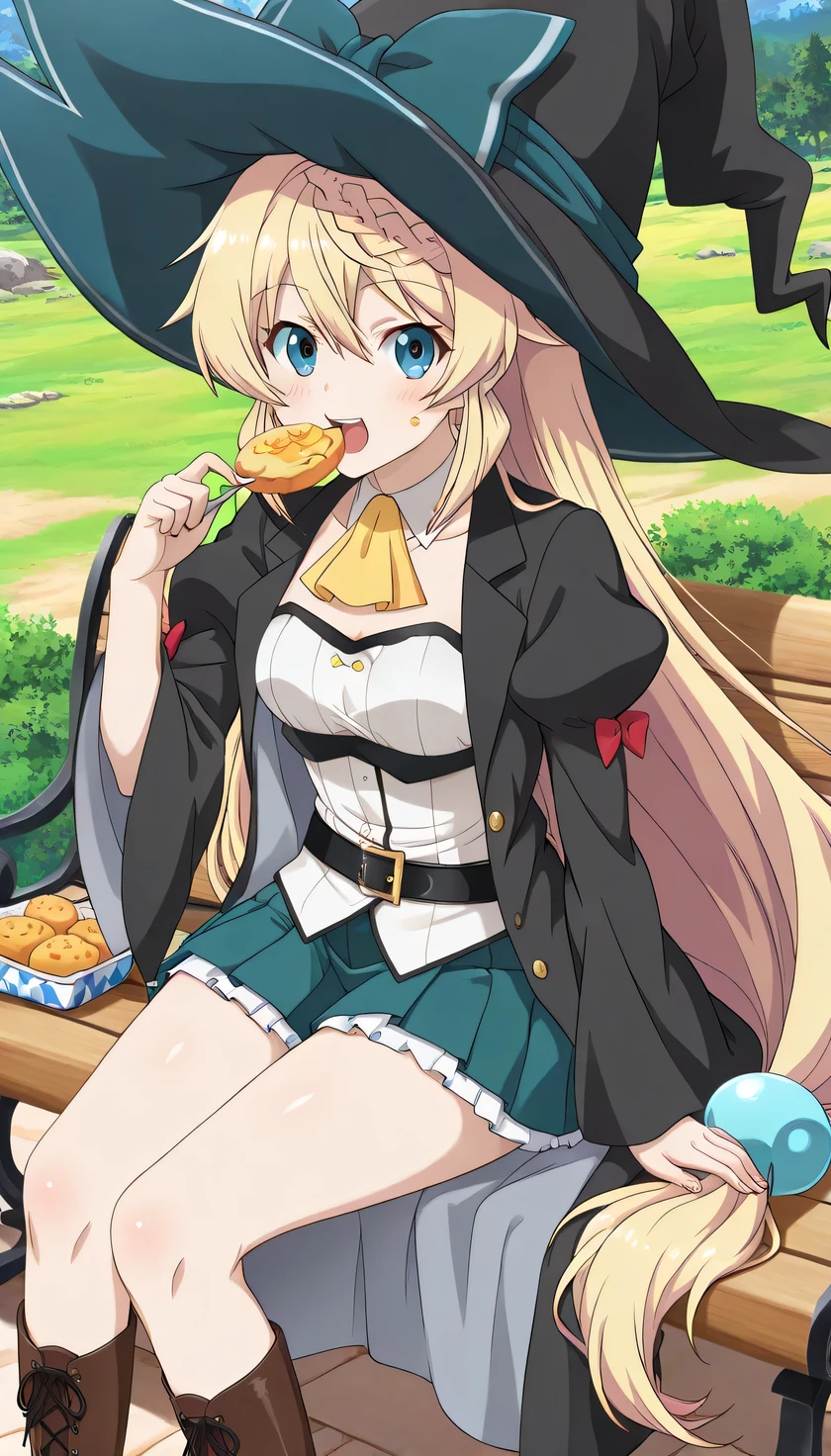 {{{masterpiece}}}, (best quality:1.5), (ultra-detailed:1.5), {illustration}, {{an extremely delicate and beautiful}}, (beautiful detailed eyes:1.2), absurdres, highres, extremely detailed face, 16k, hd, visual anime de uma jovem mulher, extremamente bonito rosto de anime, anime melhor garota, (perfect hands, perfect ), anime face, Aizawa Azusa (Slime Taoshite 300-nen, Shiranai Uchi ni Level Max ni Nattemashita), azusa-default, 1girl, solo, cute face, long hair, blonde hair, very long hair, braid, (low-tied long hair:1.3), sidelocks, hair between eyes, blue eyes, slender, , big , curvaceous, BREAK, witch, witch hat, (witch coat:1.2), black coat, long sleeves, wide sleeves, juliet sleeves, open coat, (white shirt:1.5), detached collar, yellow ascot, strapless, black belt, green skirt, mini pleated skirt, microskirt, white petticoat, legs, brown boots, Cross-laced shoes, knee boots, lace-up boots, BREAK, 1gril, solo, smiling, looking at viewer, open mouth, flushed cheeks, outdoor, sitting, bench, smile, (food:1.5), (have food:1.5), (eating:1.5)
