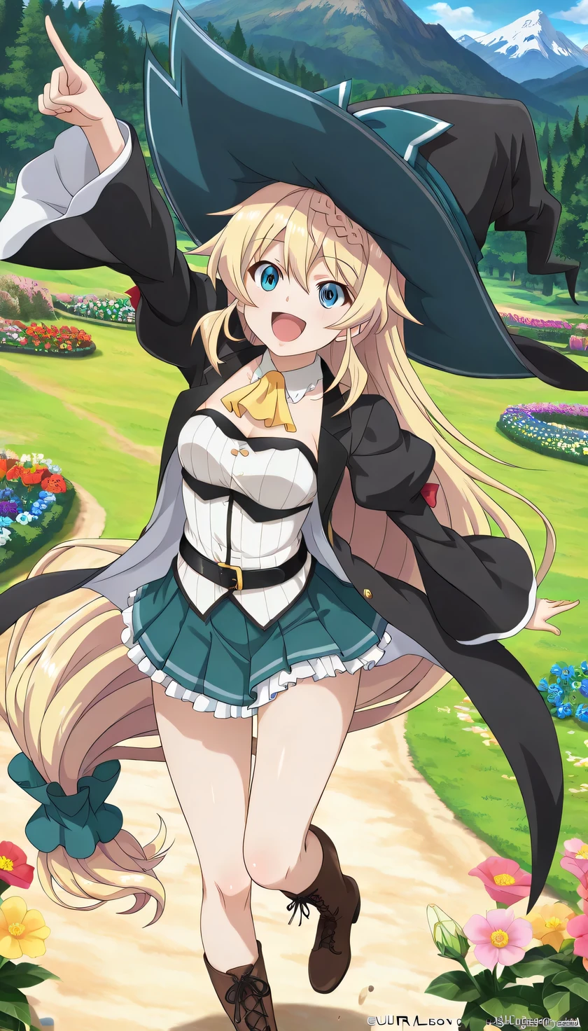 {{{masterpiece}}}, (best quality:1.5), (ultra-detailed:1.5), {illustration}, {{an extremely delicate and beautiful}}, (beautiful detailed eyes:1.2), absurdres, highres, extremely detailed face, 16k, hd, visual anime de uma jovem mulher, extremamente bonito rosto de anime, anime melhor garota, (perfect hands, perfect ), anime face, Aizawa Azusa (Slime Taoshite 300-nen, Shiranai Uchi ni Level Max ni Nattemashita), azusa-default, 1girl, solo, cute face, long hair, blonde hair, very long hair, braid, (low-tied long hair:1.3), sidelocks, hair between eyes, blue eyes, slender, , big , curvaceous, BREAK, witch, witch hat, (witch coat:1.2), black coat, long sleeves, wide sleeves, juliet sleeves, open coat, (white shirt:1.5), detached collar, yellow ascot, strapless, black belt, green skirt, mini pleated skirt, microskirt, white petticoat, legs, brown boots, Cross-laced shoes, knee boots, lace-up boots, BREAK, cute face, open mouth, smiling, pointing, dancing, jumping, from above, outdoor, mountain, forest, flower garden, (cute gestures:1.2), dynamic pose, dynamic angle, mysterious, fluttering skirt, medium close-up shot