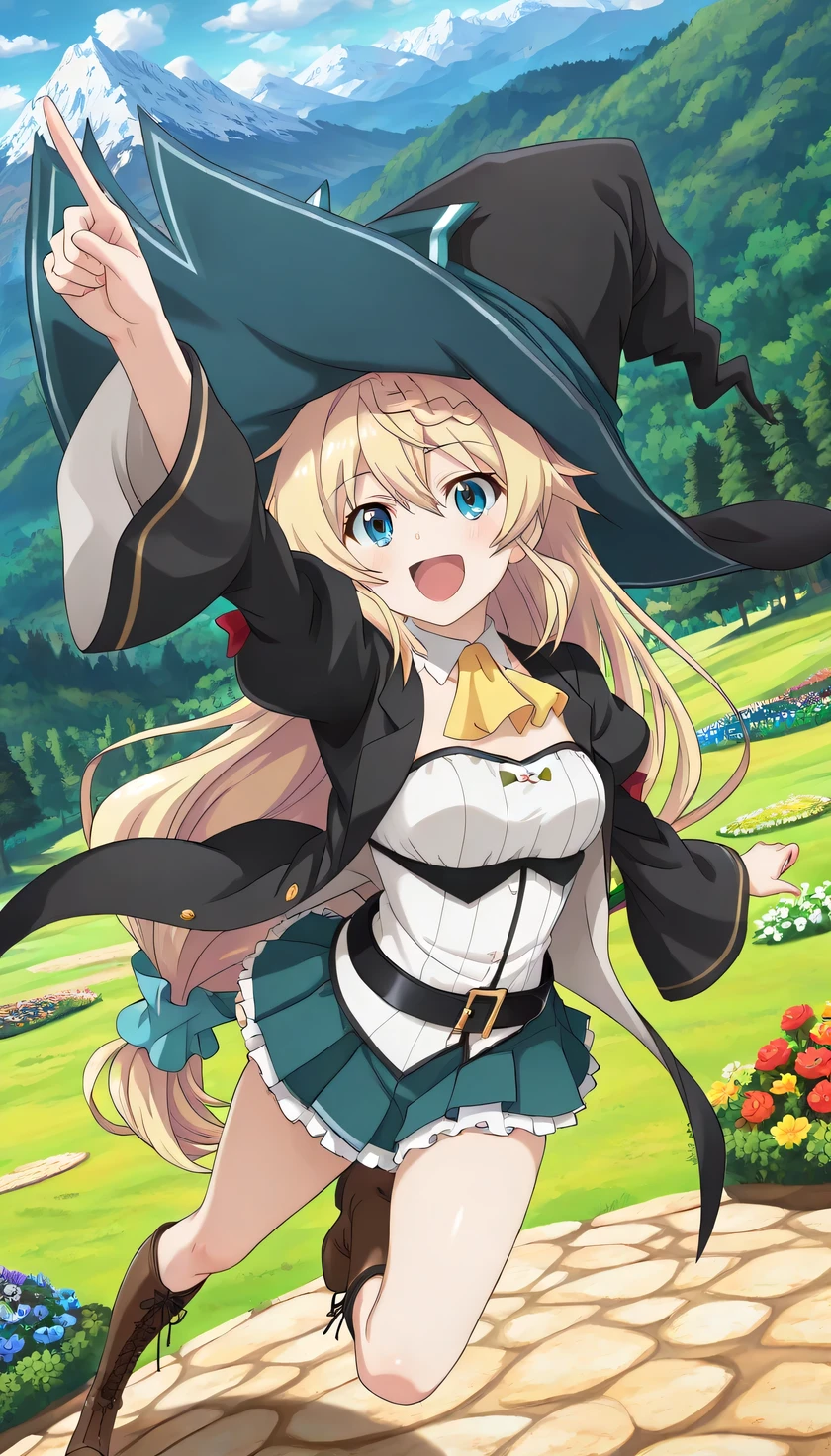 {{{masterpiece}}}, (best quality:1.5), (ultra-detailed:1.5), {illustration}, {{an extremely delicate and beautiful}}, (beautiful detailed eyes:1.2), absurdres, highres, extremely detailed face, 16k, hd, visual anime de uma jovem mulher, extremamente bonito rosto de anime, anime melhor garota, (perfect hands, perfect ), anime face, Aizawa Azusa (Slime Taoshite 300-nen, Shiranai Uchi ni Level Max ni Nattemashita), azusa-default, 1girl, solo, cute face, long hair, blonde hair, very long hair, braid, (low-tied long hair:1.3), sidelocks, hair between eyes, blue eyes, slender, , big , curvaceous, BREAK, witch, witch hat, (witch coat:1.2), black coat, long sleeves, wide sleeves, juliet sleeves, open coat, (white shirt:1.5), detached collar, yellow ascot, strapless, black belt, green skirt, mini pleated skirt, microskirt, white petticoat, legs, brown boots, Cross-laced shoes, knee boots, lace-up boots, BREAK, cute face, open mouth, smiling, pointing, dancing, jumping, from above, outdoor, mountain, forest, flower garden, (cute gestures:1.2), dynamic pose, dynamic angle, mysterious, fluttering skirt, medium close-up shot
