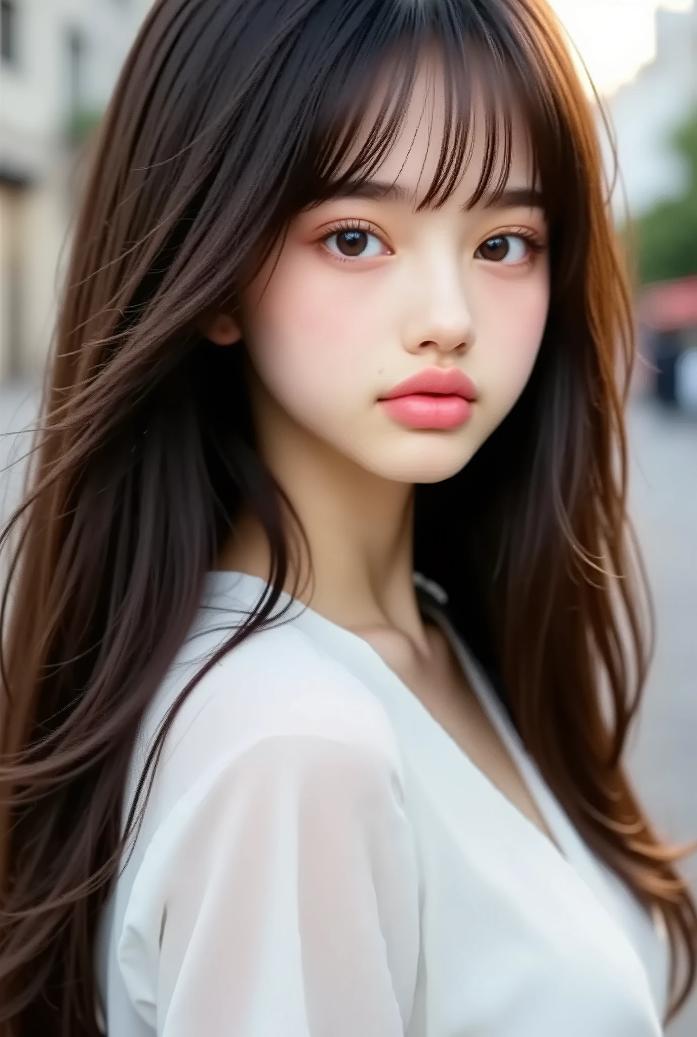 ((Highest Quality)) , ((masterpiece)) , (teeth) , perfect face . brown hair、long hair fluttering in the wind、Street Corner、white shirt、Shy Smile、Show me the、womanhood , 22 years old、college students、Look at me with kind eyes
