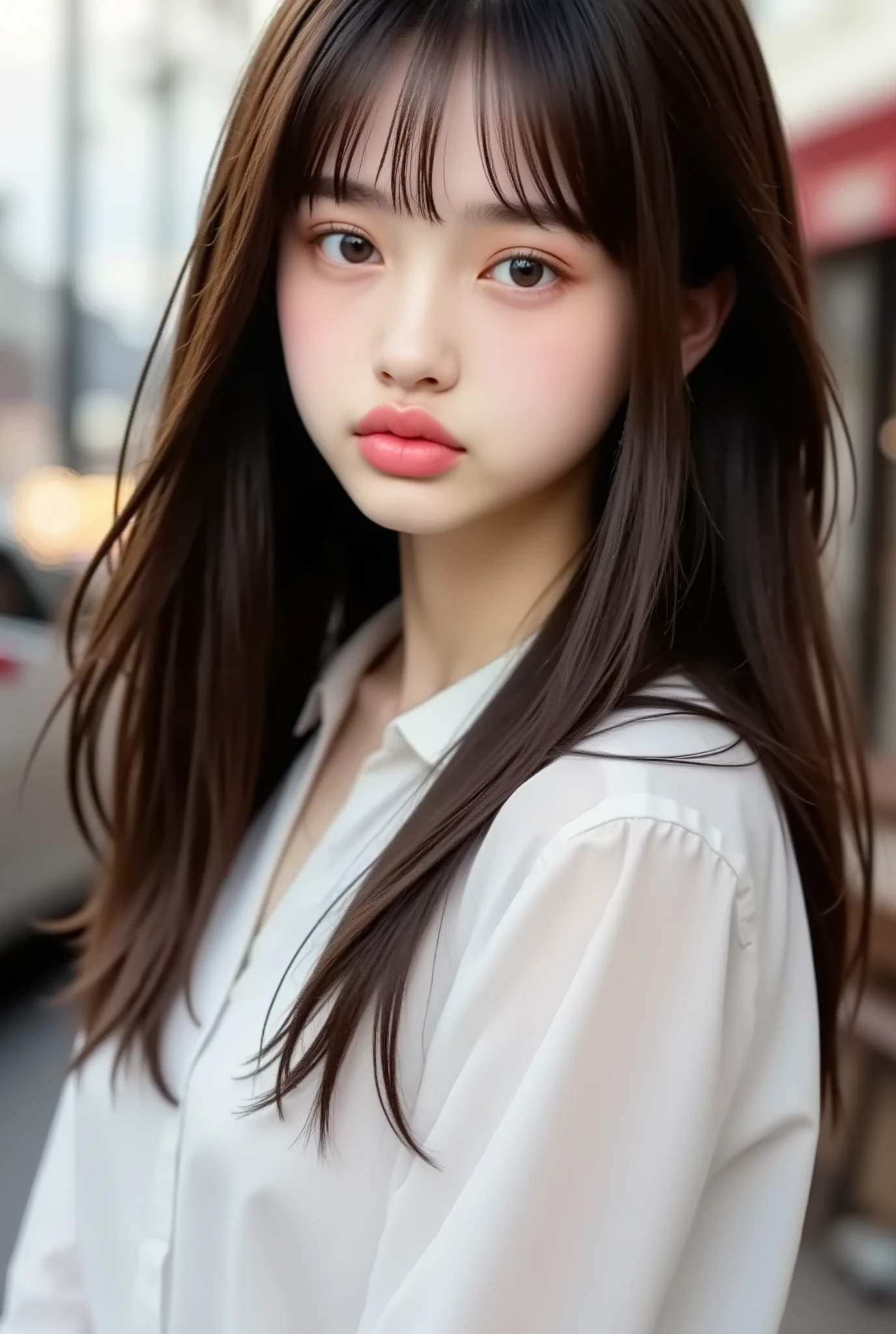 ((Highest Quality)) , ((masterpiece)) , (teeth) , perfect face . brown hair、long hair fluttering in the wind、Street Corner、white shirt、Shy Smile、Show me the、womanhood , 22 years old、college students、Look at me with kind eyes