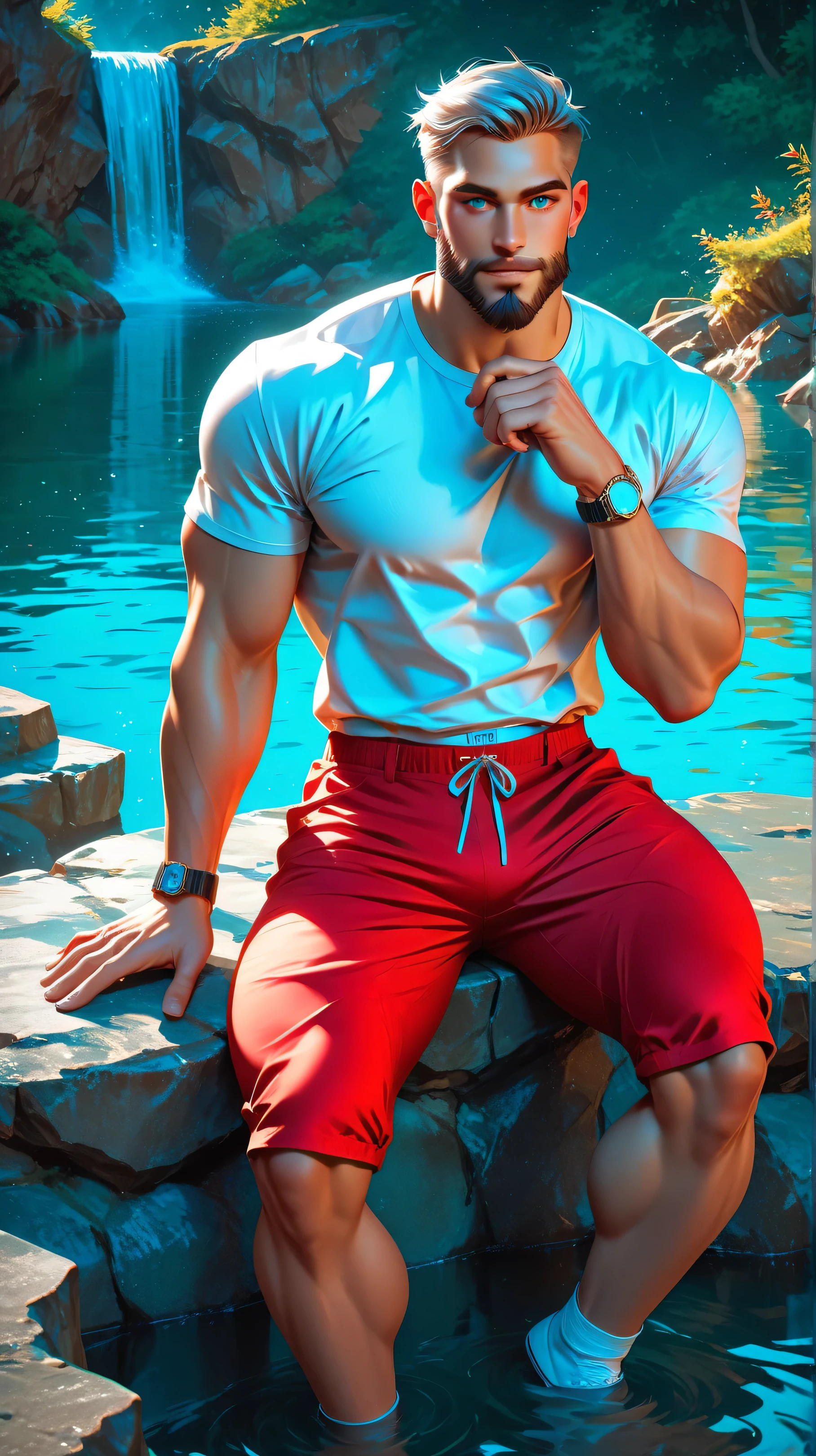 A moderately muscular man with a beard, wearing a white T-shirt and red shorts, with a silver wristwatch on his arm, is sitting next to a tall rock, with a beautiful blue lake at its base.