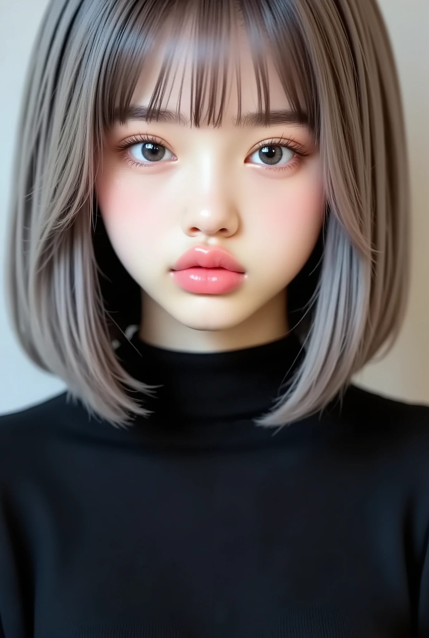 (8k、 realistic 、 Original photo、 Highest Quality : 1 . 4)、( one girl )、 beautiful faces、( Bright Face )、( grey hair:1 . 5)、( medium hair)、 beautiful hairstyle、（ It has a bang on one side、and one eye is hidden：1 . 5）、 realistic eyes、 Beautiful Details、（ realistic Skin）、 beautiful skin、（ black sweater）、 Ridiculous、charm、 is embarrassed 、超A high resolution、 surreal、 high resolution、The golden ratio、 upper body