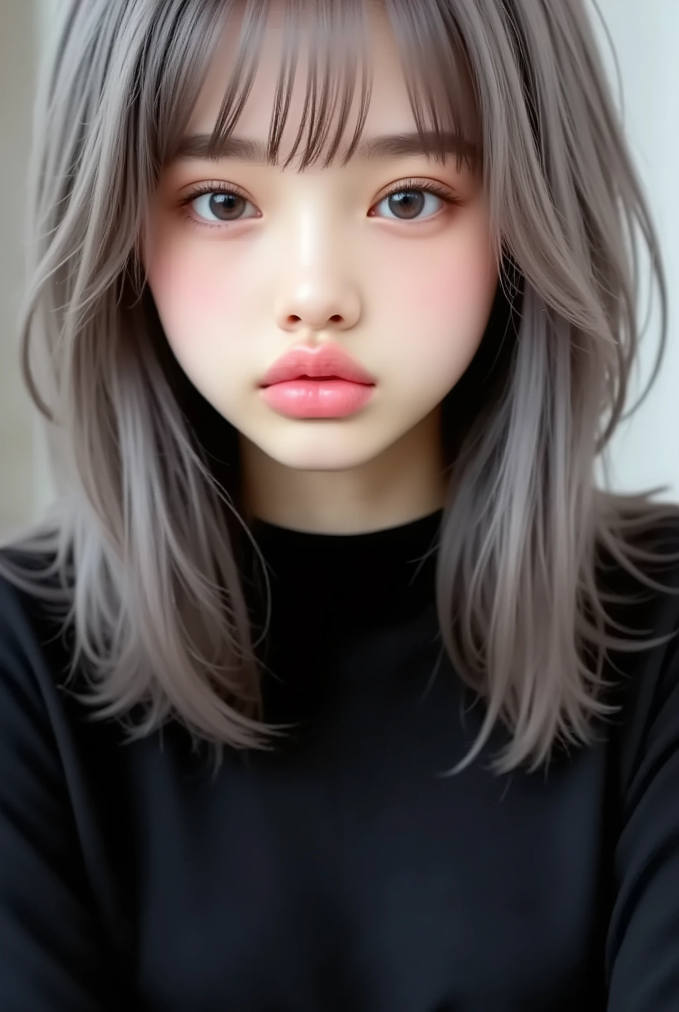 (8k、 realistic 、 Original photo、 Highest Quality : 1 . 4)、( one girl )、 beautiful faces、( Bright Face )、( grey hair:1 . 5)、( medium hair)、 beautiful hairstyle、（ It has a bang on one side、and one eye is hidden：1 . 5）、 realistic eyes、 Beautiful Details、（ realistic Skin）、 beautiful skin、（ black sweater）、 Ridiculous、charm、 is embarrassed 、超A high resolution、 surreal、 high resolution、The golden ratio、 upper body