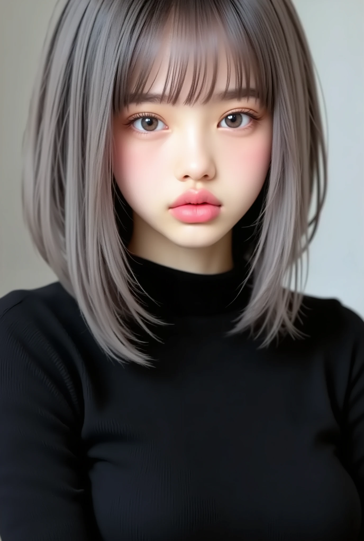 (8k、 realistic 、 Original photo、 Highest Quality : 1 . 4)、( one girl )、 beautiful faces、( Bright Face )、( grey hair:1 . 5)、( medium hair)、 beautiful hairstyle、（ It has a bang on one side、and one eye is hidden：1 . 5）、 realistic eyes、 Beautiful Details、（ realistic Skin）、 beautiful skin、（ black sweater）、 Ridiculous、charm、 is embarrassed 、超A high resolution、 surreal、 high resolution、The golden ratio、 upper body