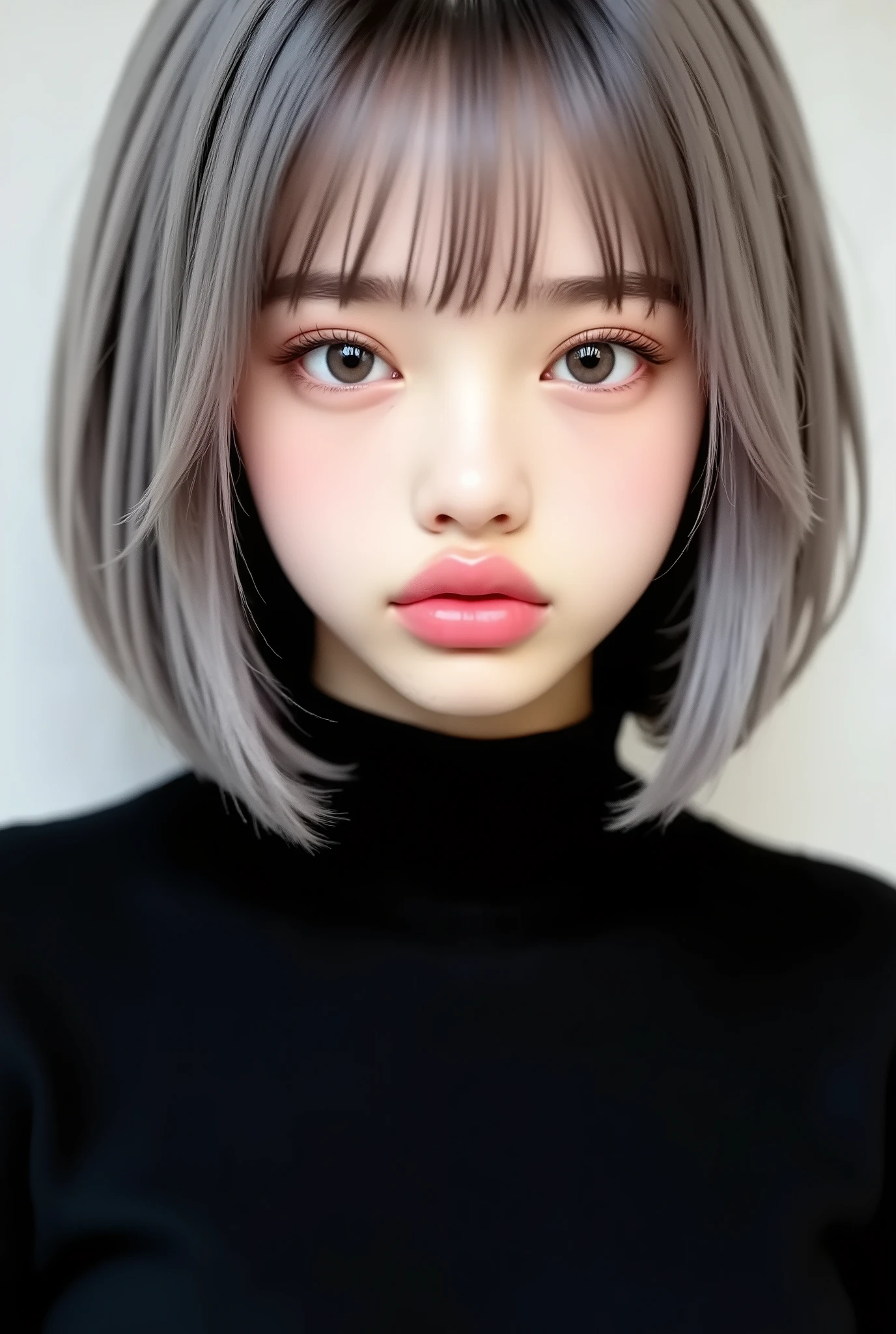 (8k、 realistic 、 Original photo、 Highest Quality : 1 . 4)、( one girl )、 beautiful faces、( Bright Face )、( grey hair:1 . 5)、( medium hair)、 beautiful hairstyle、（ It has a bang on one side、and one eye is hidden：1 . 5）、 realistic eyes、 Beautiful Details、（ realistic Skin）、 beautiful skin、（ black sweater）、 Ridiculous、charm、 is embarrassed 、超A high resolution、 surreal、 high resolution、The golden ratio、 upper body