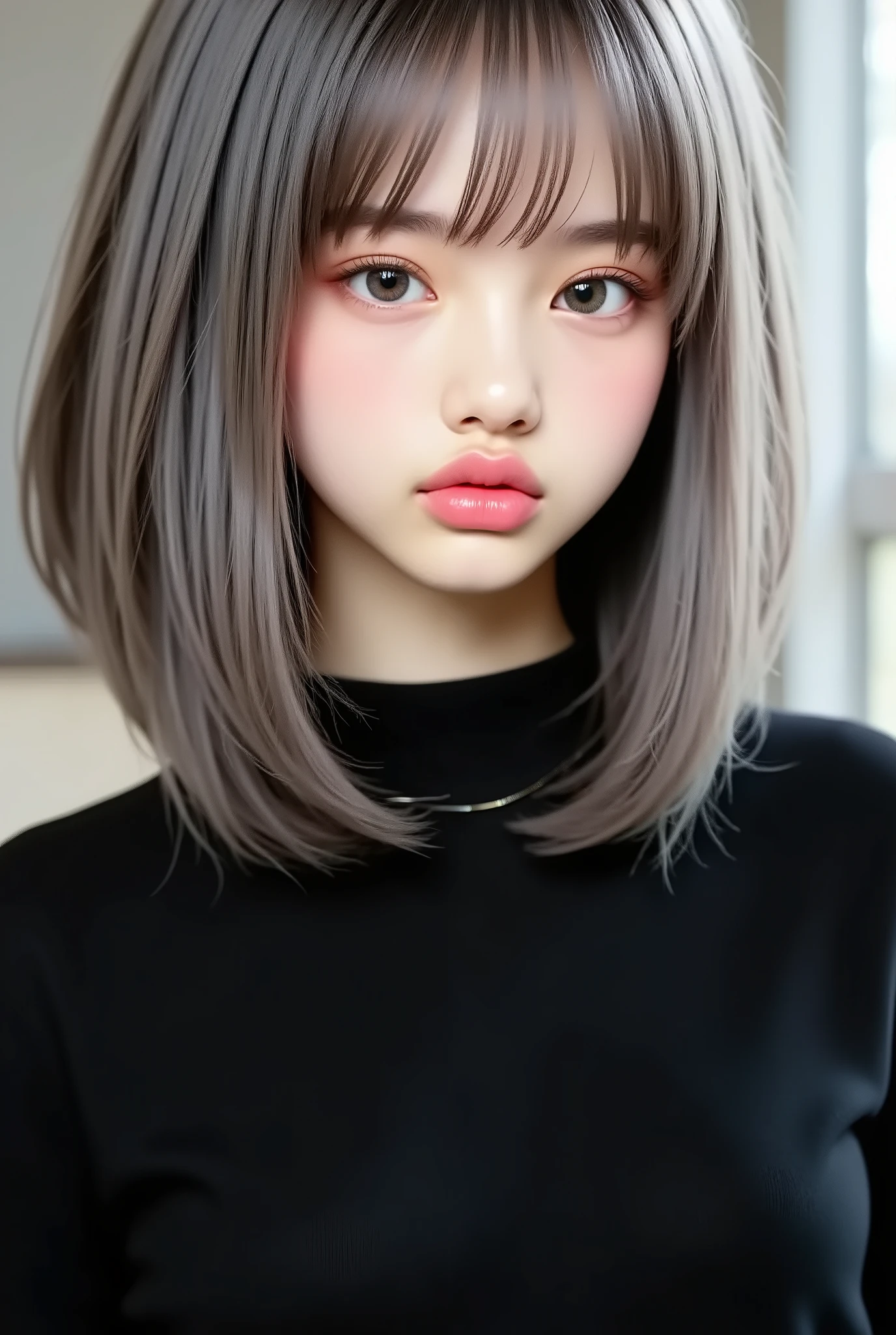 (8k、 realistic 、 Original photo、 Highest Quality : 1 . 4)、( one girl )、 beautiful faces、( Bright Face )、( grey hair:1 . 5)、( medium hair)、 beautiful hairstyle、（ It has a bang on one side、and one eye is hidden：1 . 5）、 realistic eyes、 Beautiful Details、（ realistic Skin）、 beautiful skin、（ black sweater）、 Ridiculous、charm、 is embarrassed 、超A high resolution、 surreal、 high resolution、The golden ratio、 upper body