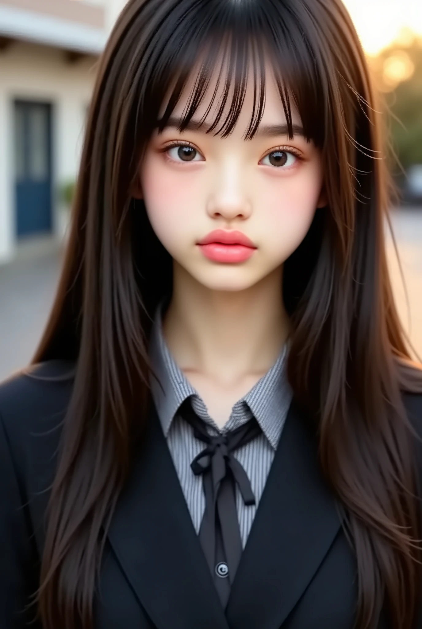 (Highest Quality , 8K Quality , masterpiece:1 . 3) , (ultra high definition , Photorealistic:1 . 4 , Live Shooting) , (Super Detailed , caustics , detailed background) , (Ultra-realistic depiction , beautiful detail skin , perfect ) , dusk , Sunset Sky , schoolhouse , Schoolyard , 18 years old , cute , single eyelid ,  long black hair , school blazer uniform , looks at the camera ,  sloppy smiles  , bust up shot , natural light
