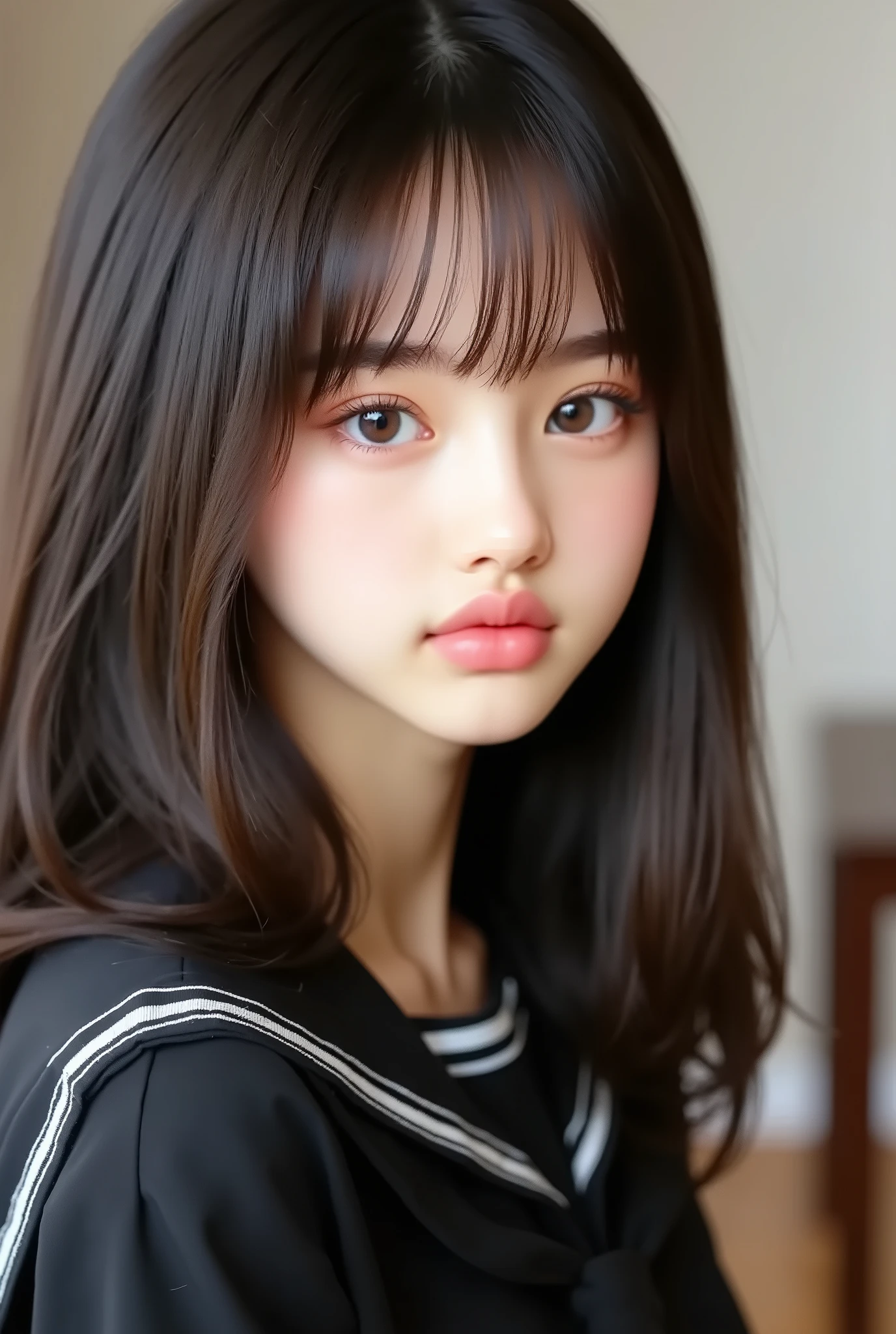 1 girl , BIG BREASTS、Photos before the prestigious S High School 、 high school girl 、(Wearing a sailor suit:1 . 2) , ( Original photo , Highest Quality) , ( realistic , realistic :1 . 4) , table top right in front of me , Very Delicate and Beautiful , very detailed , 2k wallpaper , Wonderful , fine , very detailed CG Unそれy 8K 壁紙 , very detailed , High Precision , Soft Light , beautiful detailed girl , very detailed目と顔 , beautiful and sophisticated nose promenade , fineて美しい目 , Movie Lighting , perfect  , slender body , I was nervous ., straight semi-long hair , Bang , watching the audience , smile . medium  .
