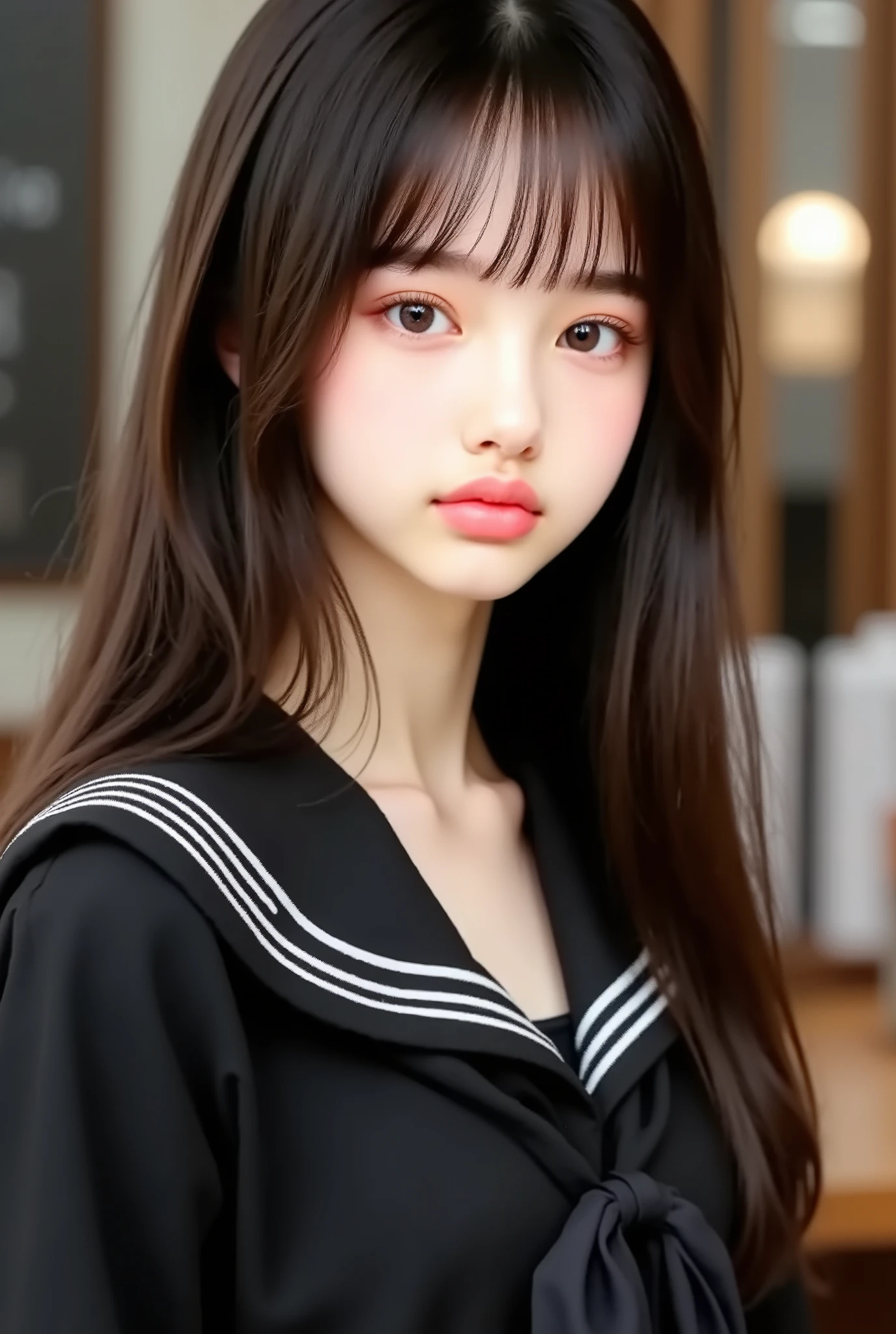 1 girl , BIG BREASTS、Photos before the prestigious S High School 、 high school girl 、(Wearing a sailor suit:1 . 2) , ( Original photo , Highest Quality) , ( realistic , realistic :1 . 4) , table top right in front of me , Very Delicate and Beautiful , very detailed , 2k wallpaper , Wonderful , fine , very detailed CG Unそれy 8K 壁紙 , very detailed , High Precision , Soft Light , beautiful detailed girl , very detailed目と顔 , beautiful and sophisticated nose promenade , fineて美しい目 , Movie Lighting , perfect  , slender body , I was nervous ., straight semi-long hair , Bang , watching the audience , smile . medium  .
