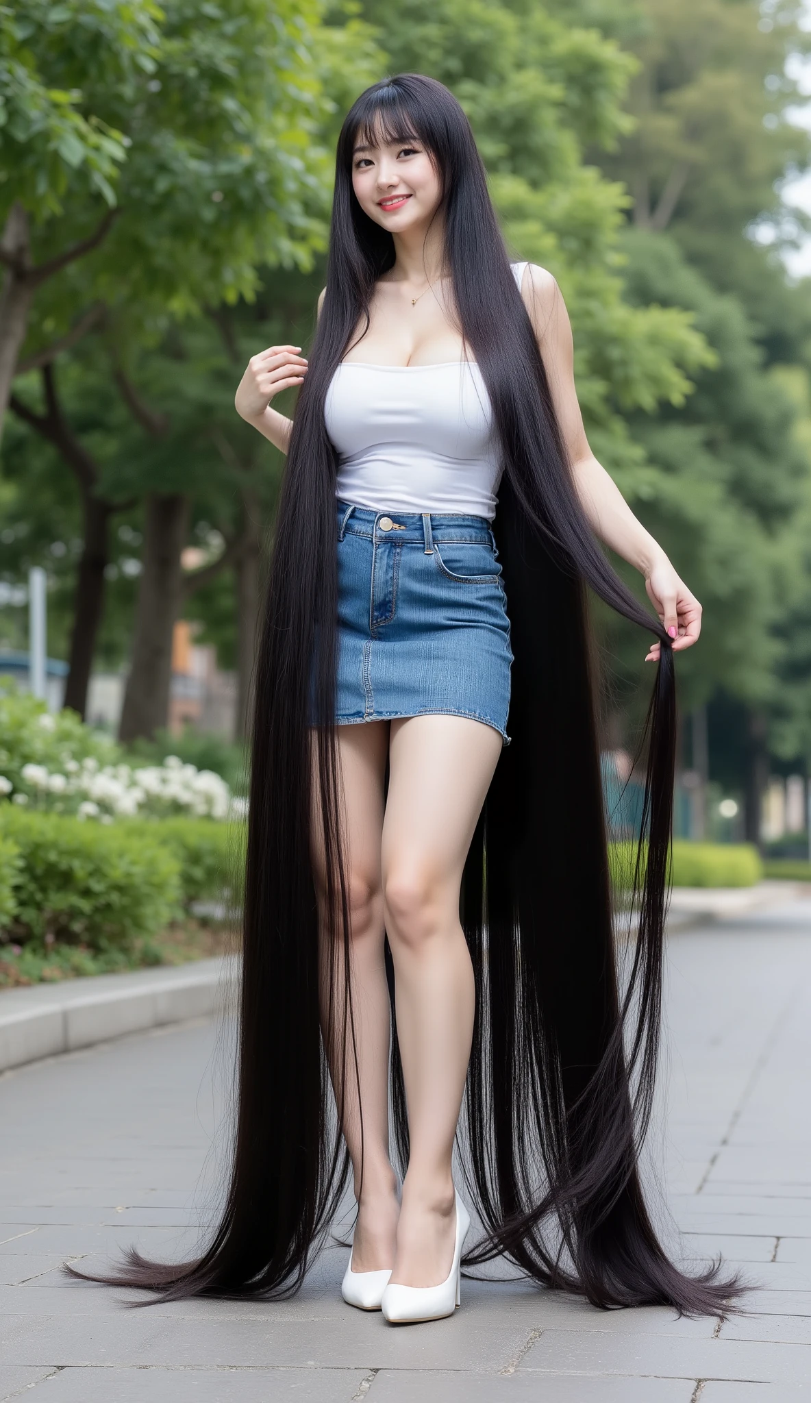 Very cute and young Asian girl with dimples.she is standing .She wears a sleeveless and strapless white tube dress very tight , fitted tight denim mini skirt and white high heel. She has the longest black hair .She has the longest light black hair up to 32 meters long. She wears a sleeveless white mini dress , round butt and highest hips . Her longest hair is extremely straight .She has the longest to the toes , Caucasian .Background is the street in the garden. She spread her long, very thick and incredibly long hair from her super super long hair, ((Picture taken from 32 meters away)). ((Negative prompt: bad anatomy, bad hands, bad fingers, missing fingers, extra fingers, fused fingers, mutated hands, extra limbs, malformed limbs, distorted body, blurry, low quality, unrealistic hair, bad eyes, bad teeth,finger deformity, boker effect toes))