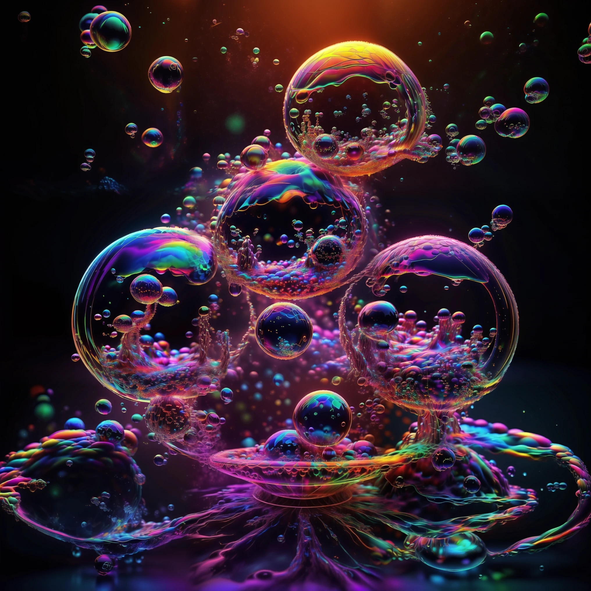 A close up of beautiful bubbles floating on top of each other, LSD, DMT imagery. GlowingNightmare, smile, neon colors, glowing, GlowingRunes_pink, GlowingRunes_green, GlowingRunes_paleblue, psychedelic droplets of water, abstract liquid, and intricate rainbow art. octane render, black 3d fluid simulation, ethereal bubbles, swirling liquids, and highly detailed, octane render, reflective rainbow bubbles, twisted colors inside of glass spheres, Psilocybin Dream inside an amazing image of light emerging from colors in a shimmering glass morphing out of colors, bright neon and fluorescent colors,very bright, vibrant colors, perfectly formed and symmetrical reflective bubbles and spheres, attention to detail with these beautiful bubbles and spheres, Extreme Hallucinations in a gorgeous piece of psychedelic digital artwork, Stunning, pixel art, tripped out colors, 4d mandelbulb psychedelics, glass like psychedelic landscape, intricate rainbow environment, psychedelic underwater brightness and glow with neon colors, glowing colors twist inside of translucent glass spheres and bubbles with light and color reflecting off of both in bright fluorescent colors, psychedelic trip, fluorescent and neon aesthetic, psychedelic vibrant colors, bright psychedelic paint splattered backgrounds,swirling spirals and vortex, bright vibrant colors popping out from 3d glass spheres, Rotational Symmetry, Pixel Assets, Portrait photography, Surrealism, Photorealistic, Hyperdetailed, Glass Morphism, Digital Art, Sparkle, Optical Illusion, Glowing Light, Reflective Light, Overexposure, Backlighting, Depth Of Field, Spheres and bubbles show perfect Symmetry, UHD, High Details, High Quality, Super Detailed, Full Focus, Awe inspiring, Shockingly unique wallpaper art, Breathtaking, Indescribably Beautiful, Heaven sent images, Best Quality, Award Winning, Masterpiece. psychedelic droplets of water, abstract liquid, and intricate rainbow art. octane render, black 3d fluid simulation,