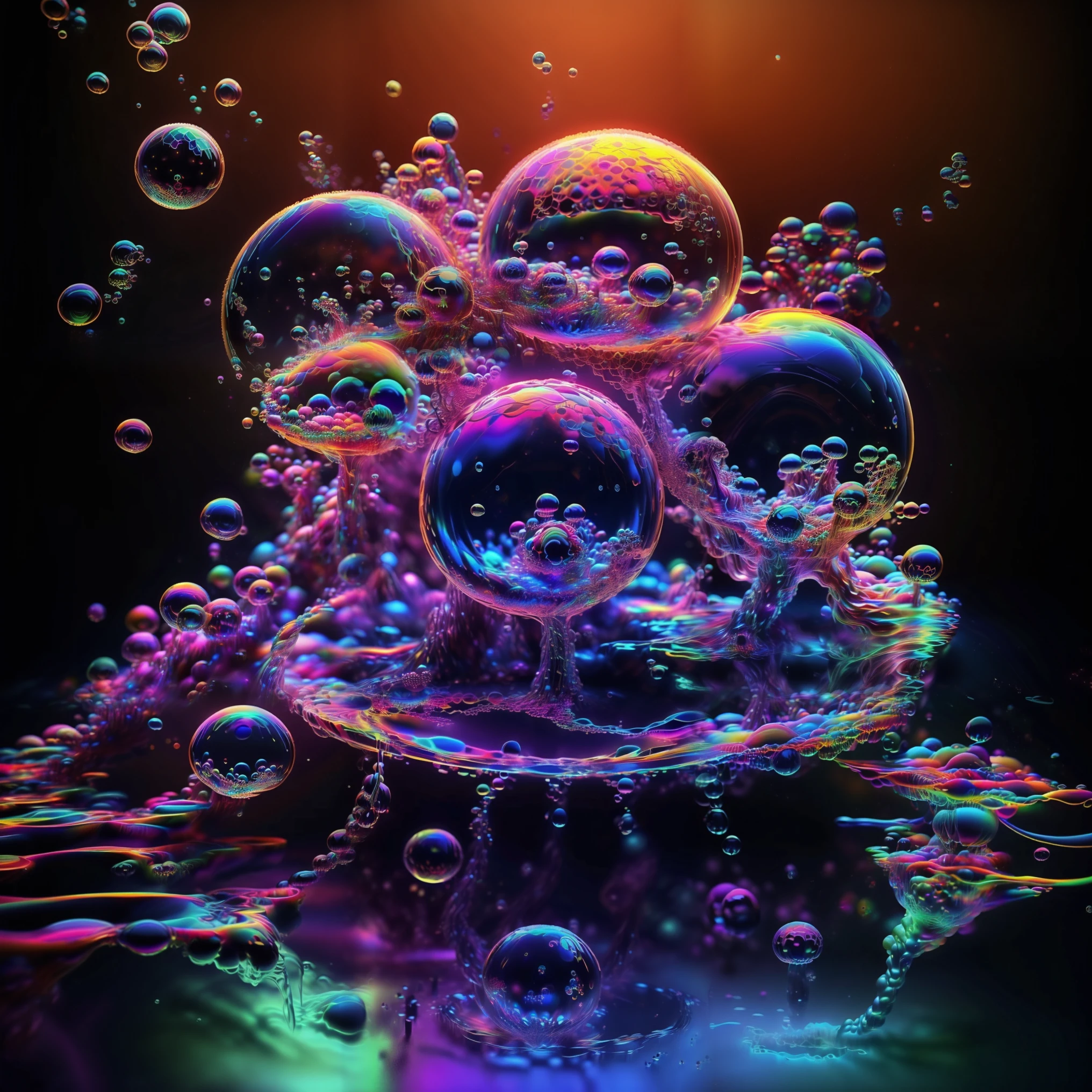 A close up of beautiful bubbles floating on top of each other, LSD, DMT imagery. GlowingNightmare, smile, neon colors, glowing, GlowingRunes_pink, GlowingRunes_green, GlowingRunes_paleblue, psychedelic droplets of water, abstract liquid, and intricate rainbow art. octane render, black 3d fluid simulation, ethereal bubbles, swirling liquids, and highly detailed, octane render, reflective rainbow bubbles, twisted colors inside of glass spheres, Psilocybin Dream inside an amazing image of light emerging from colors in a shimmering glass morphing out of colors, bright neon and fluorescent colors,very bright, vibrant colors, perfectly formed and symmetrical reflective bubbles and spheres, attention to detail with these beautiful bubbles and spheres, Extreme Hallucinations in a gorgeous piece of psychedelic digital artwork, Stunning, pixel art, tripped out colors, 4d mandelbulb psychedelics, glass like psychedelic landscape, intricate rainbow environment, psychedelic underwater brightness and glow with neon colors, glowing colors twist inside of translucent glass spheres and bubbles with light and color reflecting off of both in bright fluorescent colors, psychedelic trip, fluorescent and neon aesthetic, psychedelic vibrant colors, bright psychedelic paint splattered backgrounds,swirling spirals and vortex, bright vibrant colors popping out from 3d glass spheres, Rotational Symmetry, Pixel Assets, Portrait photography, Surrealism, Photorealistic, Hyperdetailed, Glass Morphism, Digital Art, Sparkle, Optical Illusion, Glowing Light, Reflective Light, Overexposure, Backlighting, Depth Of Field, Spheres and bubbles show perfect Symmetry, UHD, High Details, High Quality, Super Detailed, Full Focus, Awe inspiring, Shockingly unique wallpaper art, Breathtaking, Indescribably Beautiful, Heaven sent images, Best Quality, Award Winning, Masterpiece. psychedelic droplets of water, abstract liquid, and intricate rainbow art. octane render, black 3d fluid simulation,