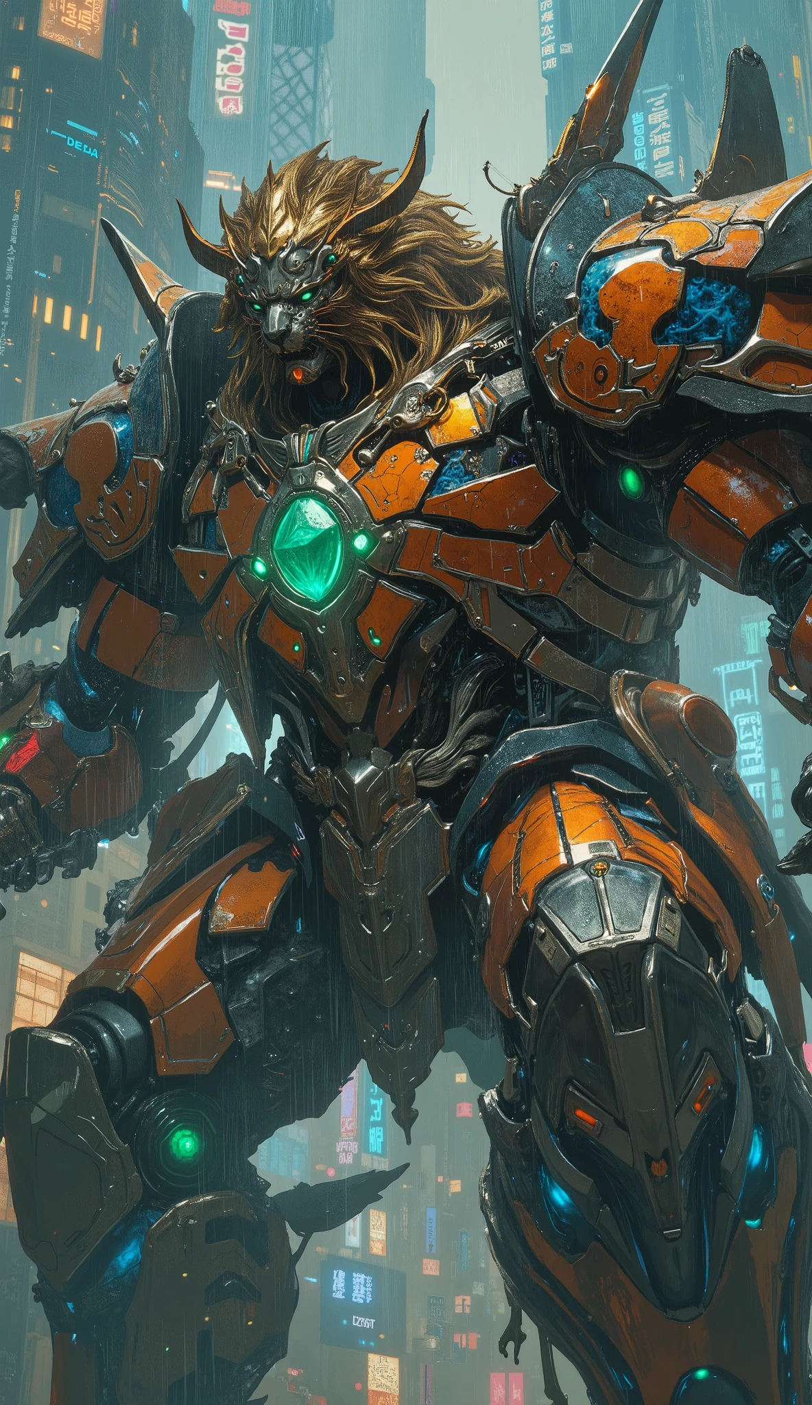 (masterpiece, best quality, ultra-detailed, 8k), cinematic, dramatic low-angle shot of a god-tier humanoid mecha, a formidable fusion of a regal lion and super robot aesthetics, hovering with divine authority over a rain-slicked cyberpunk metropolis at twilight. The colossal machine's design is a symphony of power and agility; its chassis is clad in overlapping plates of dominant sunburst-orange and deep obsidian-blue armor, accented with sharp white and crimson details. Pulsating green bio-luminescent circuitry, like a network of veins, crisscrosses the armor plates, hinting at its symbiotic core. A large, multifaceted emerald gemstone, radiating raw energy, is embedded in the center of its chest. Its lion-inspired head features a segmented, metallic golden mane and optical sensors that burn with an intense, luminous glow. The design is masterfully realized with massive, ornate pauldrons, powerful gauntlets, and sleek greaves. The atmosphere is thick with volumetric light and shadow, with neon from the towering skyscrapers below reflecting off its polished, battle-worn hide. An ultra-detailed, photorealistic masterpiece of concept art, trending on Artstation, capturing a sense of immense power and impending action. Flawless anatomy and perfectly rendered five-fingered hands.