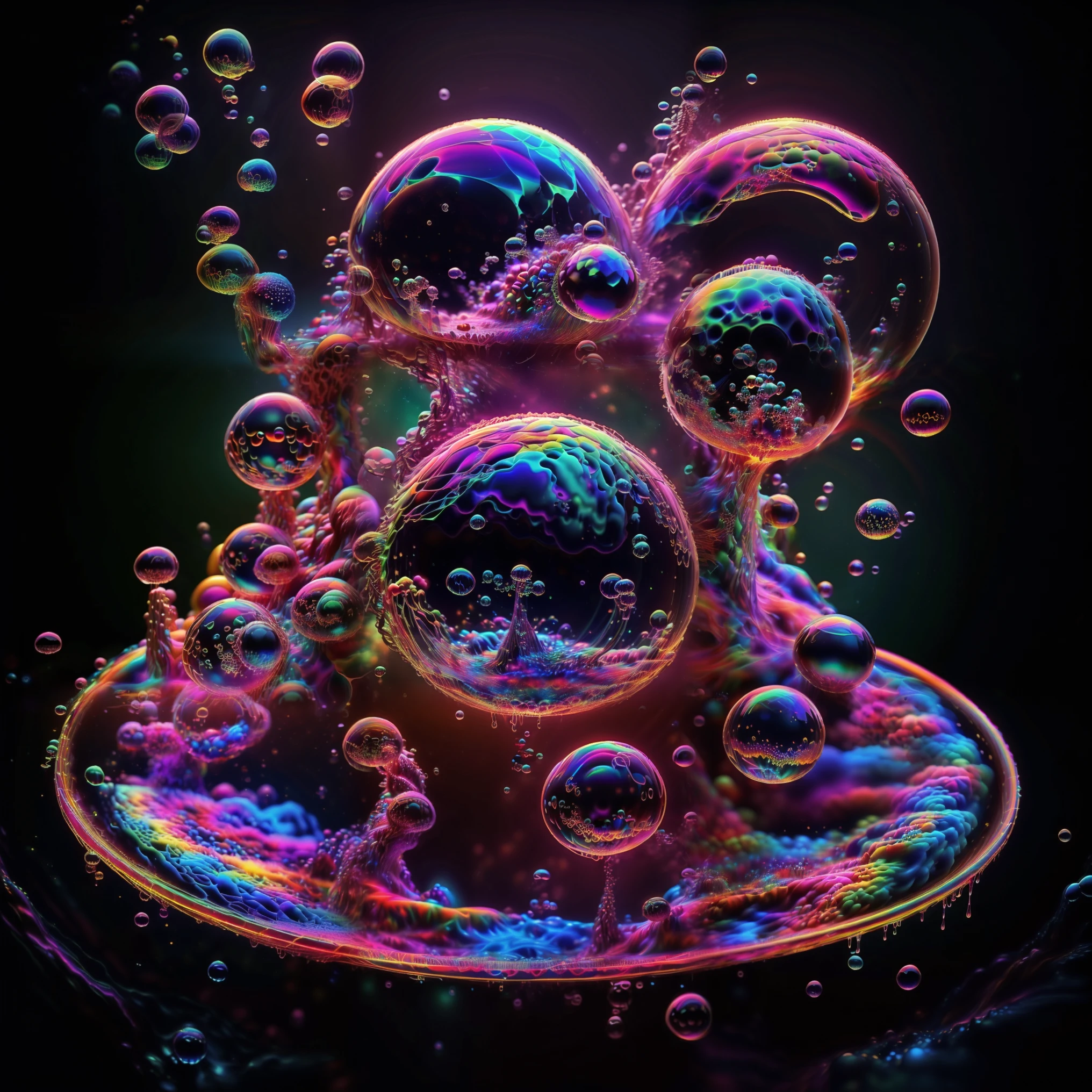 A close up of beautiful bubbles floating on top of each other, LSD, DMT imagery. GlowingNightmare, smile, neon colors, glowing, GlowingRunes_pink, GlowingRunes_green, GlowingRunes_paleblue, psychedelic droplets of water, abstract liquid, and intricate rainbow art. octane render, black 3d fluid simulation, ethereal bubbles, swirling liquids, and highly detailed, octane render, reflective rainbow bubbles, twisted colors inside of glass spheres, Psilocybin Dream inside an amazing image of light emerging from colors in a shimmering glass morphing out of colors, bright neon and fluorescent colors,very bright, vibrant colors, perfectly formed and symmetrical reflective bubbles and spheres, attention to detail with these beautiful bubbles and spheres, Extreme Hallucinations in a gorgeous piece of psychedelic digital artwork, Stunning, pixel art, tripped out colors, 4d mandelbulb psychedelics, glass like psychedelic landscape, intricate rainbow environment, psychedelic underwater brightness and glow with neon colors, glowing colors twist inside of translucent glass spheres and bubbles with light and color reflecting off of both in bright fluorescent colors, psychedelic trip, fluorescent and neon aesthetic, psychedelic vibrant colors, bright psychedelic paint splattered backgrounds,swirling spirals and vortex, bright vibrant colors popping out from 3d glass spheres, Rotational Symmetry, Pixel Assets, Portrait photography, Surrealism, Photorealistic, Hyperdetailed, Glass Morphism, Digital Art, Sparkle, Optical Illusion, Glowing Light, Reflective Light, Overexposure, Backlighting, Depth Of Field, Spheres and bubbles show perfect Symmetry, UHD, High Details, High Quality, Super Detailed, Full Focus, Awe inspiring, Shockingly unique wallpaper art, Breathtaking, Indescribably Beautiful, Heaven sent images, Best Quality, Award Winning, Masterpiece. psychedelic droplets of water, abstract liquid, and intricate rainbow art. octane render, black 3d fluid simulation,