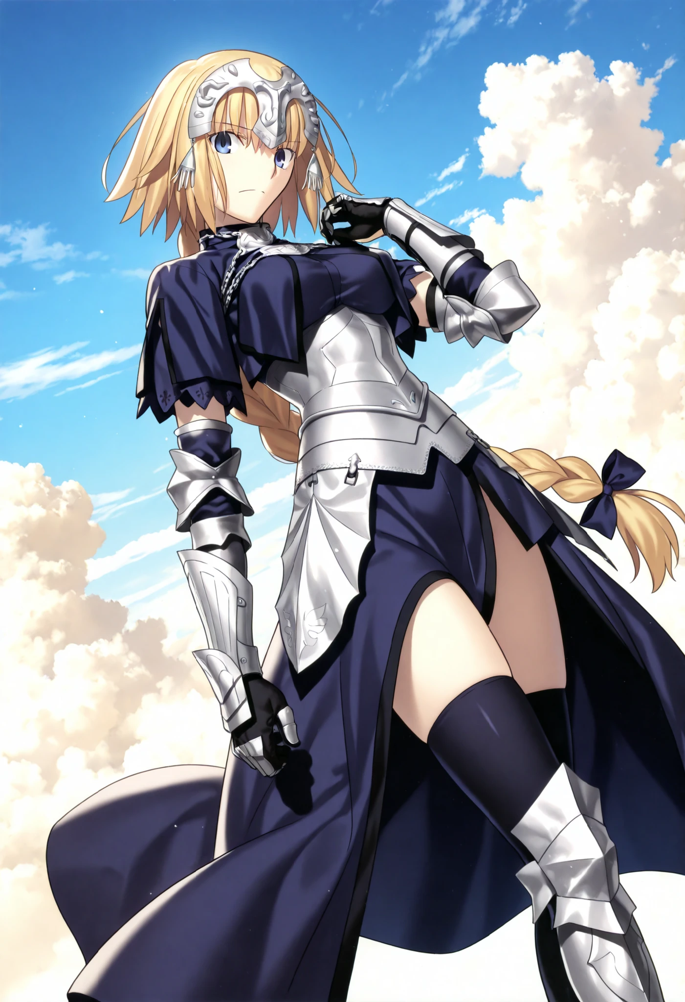 masterpiece, , absurdres, highres, detailed background, high resolution, masterpiece, necessary, detail, best quality, quality, necessary, details, High details, Precise, , , outdoors,((white light)) , (dutch angle), ((((in blue sky ,some cloud)))),(hole in sky), (sidelight), , solo,                                             
                                                                                                                                                                                                                         1girl, , Takeuchi Takashi (type-moon,tsukihime) style, takeuchi takashi style,(aged up:1.5), pale skin, hand up ,,  
   
tall girl, slim arms, jeanne d arc, \(fgo\), blue eyes, (sharp eyes),  jeanne d arc, blonde hair, medium hair, big single braid, ((very big braid, huge braid)), , armor, armored boots, armored dress, black gloves, black thighhighs, braid, dress, gauntlets, gloves, headpiece, blue dress, single braid, , small breasts, looking at viewer,  robe, closed mouth,                                                                                                                                                                                                                                                                                                                                                                                                                                                                                                                                                                                    