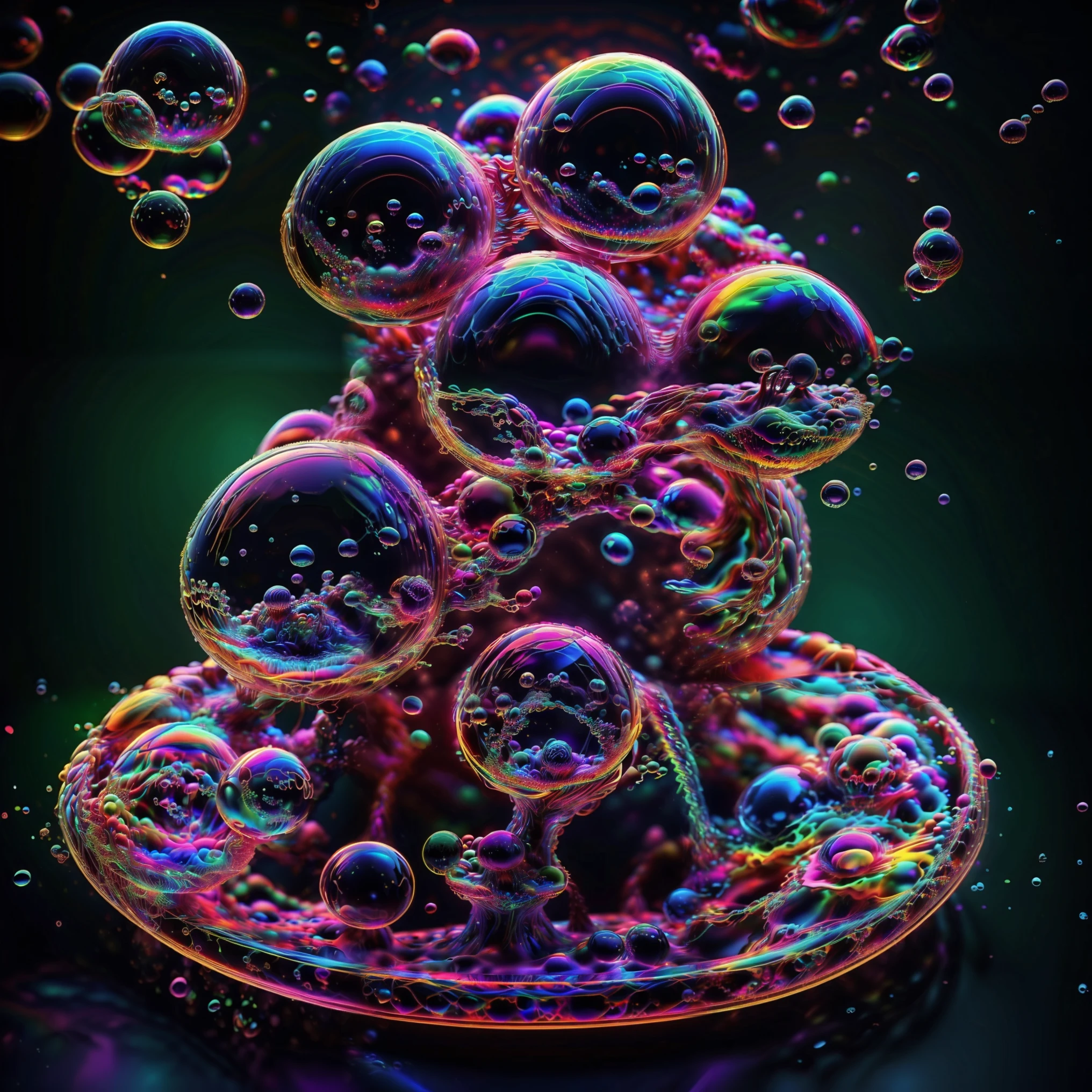 A close up of beautiful bubbles floating on top of each other, LSD, DMT imagery. GlowingNightmare, smile, neon colors, glowing, GlowingRunes_pink, GlowingRunes_green, GlowingRunes_paleblue, psychedelic droplets of water, abstract liquid, and intricate rainbow art. octane render, black 3d fluid simulation, ethereal bubbles, swirling liquids, and highly detailed, octane render, reflective rainbow bubbles, twisted colors inside of glass spheres, Psilocybin Dream inside an amazing image of light emerging from colors in a shimmering glass morphing out of colors, bright neon and fluorescent colors,very bright, vibrant colors, perfectly formed and symmetrical reflective bubbles and spheres, attention to detail with these beautiful bubbles and spheres, Extreme Hallucinations in a gorgeous piece of psychedelic digital artwork, Stunning, pixel art, tripped out colors, 4d mandelbulb psychedelics, glass like psychedelic landscape, intricate rainbow environment, psychedelic underwater brightness and glow with neon colors, glowing colors twist inside of translucent glass spheres and bubbles with light and color reflecting off of both in bright fluorescent colors, psychedelic trip, fluorescent and neon aesthetic, psychedelic vibrant colors, bright psychedelic paint splattered backgrounds,swirling spirals and vortex, bright vibrant colors popping out from 3d glass spheres, Rotational Symmetry, Pixel Assets, Portrait photography, Surrealism, Photorealistic, Hyperdetailed, Glass Morphism, Digital Art, Sparkle, Optical Illusion, Glowing Light, Reflective Light, Overexposure, Backlighting, Depth Of Field, Spheres and bubbles show perfect Symmetry, UHD, High Details, High Quality, Super Detailed, Full Focus, Awe inspiring, Shockingly unique wallpaper art, Breathtaking, Indescribably Beautiful, Heaven sent images, Best Quality, Award Winning, Masterpiece. psychedelic droplets of water, abstract liquid, and intricate rainbow art. octane render, black 3d fluid simulation,