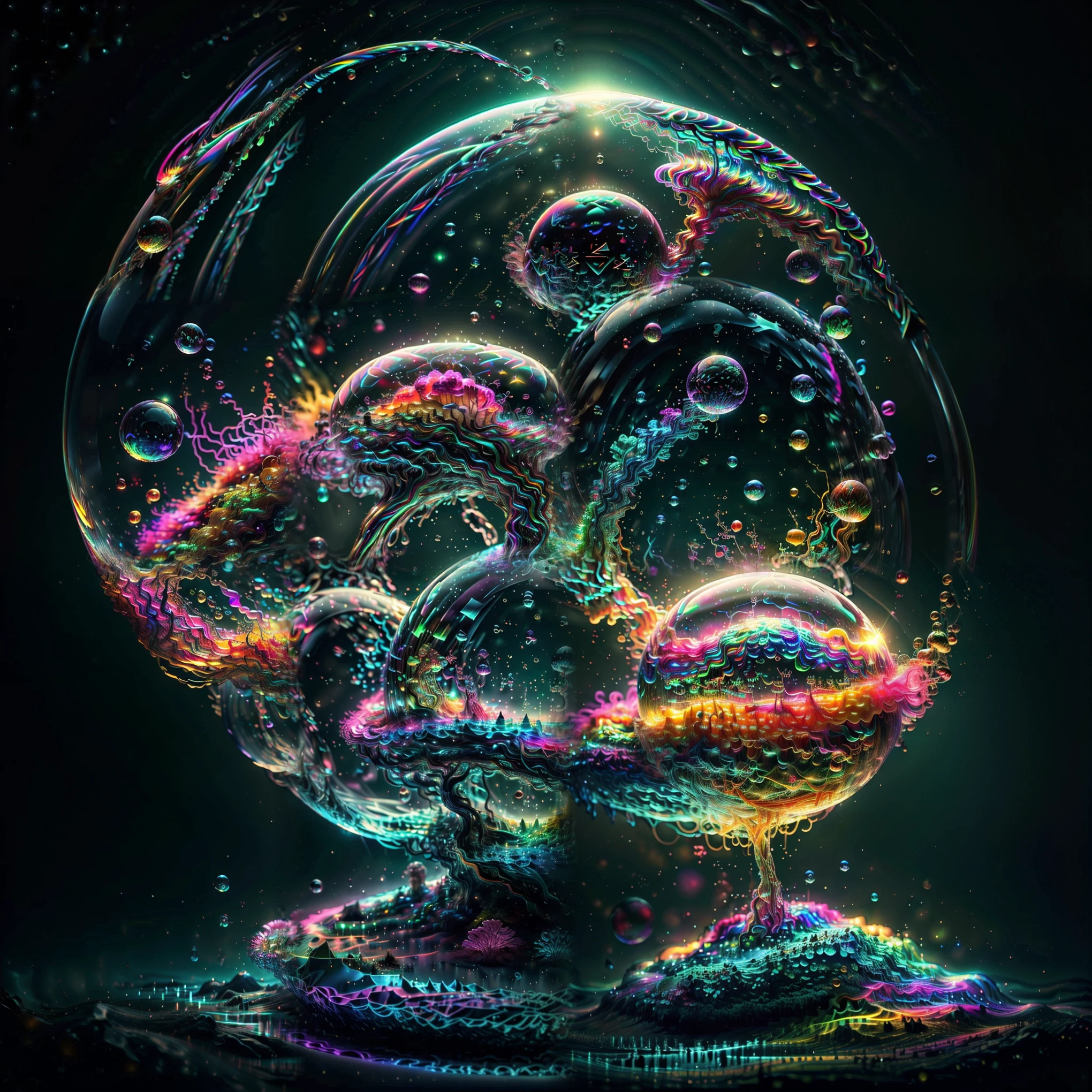 A close-up of beautiful bubbles floating on top of each other, LSD, DMT imagery. GlowingNightmare, smile, neon colors, glowing, GlowingRunes_pink, GlowingRunes_green, GlowingRunes_paleblue, psychedelic droplets of water, abstract liquid, and intricate rainbow art. octane render, black 3d fluid simulation, ethereal bubbles, swirling liquids, and highly detailed, octane render, reflective rainbow bubbles, twisted colors inside of glass spheres, Psilocybin Dream inside an amazing image of light emerging from colors in a shimmering glass morphing out of colors, bright neon and fluorescent colors,very bright, vibrant colors, perfectly formed and symmetrical reflective bubbles and spheres, attention to detail with these beautiful bubbles and spheres, Extreme Hallucinations in a gorgeous piece of psychedelic digital artwork, Stunning, pixel art, tripped out colors, 4d mandelbulb psychedelics, glass like psychedelic landscape, intricate rainbow environment, psychedelic underwater brightness and glow with neon colors, glowing colors twist inside of translucent glass spheres and bubbles with light and color reflecting off of both in bright fluorescent colors, psychedelic trip, fluorescent and neon aesthetic, psychedelic vibrant colors, bright psychedelic paint splattered backgrounds,swirling spirals and vortex, bright vibrant colors popping out from 3d glass spheres, Rotational Symmetry, Pixel Assets, Portrait photography, Surrealism, Photorealistic, Hyperdetailed, Glass Morphism, Digital Art, Sparkle, Optical Illusion, Glowing Light, Reflective Light, Overexposure, Backlighting, Depth Of Field, Spheres and bubbles show perfect Symmetry, UHD, High Details, High Quality, Super Detailed, Full Focus, Awe inspiring, Shockingly unique wallpaper art, Breathtaking, Indescribably Beautiful, Heaven sent images, Best Quality, Award Winning, Masterpiece. Psychedelic droplets of water, abstract liquid, and intricate rainbow art. octane render, black 3d fluid simulation,