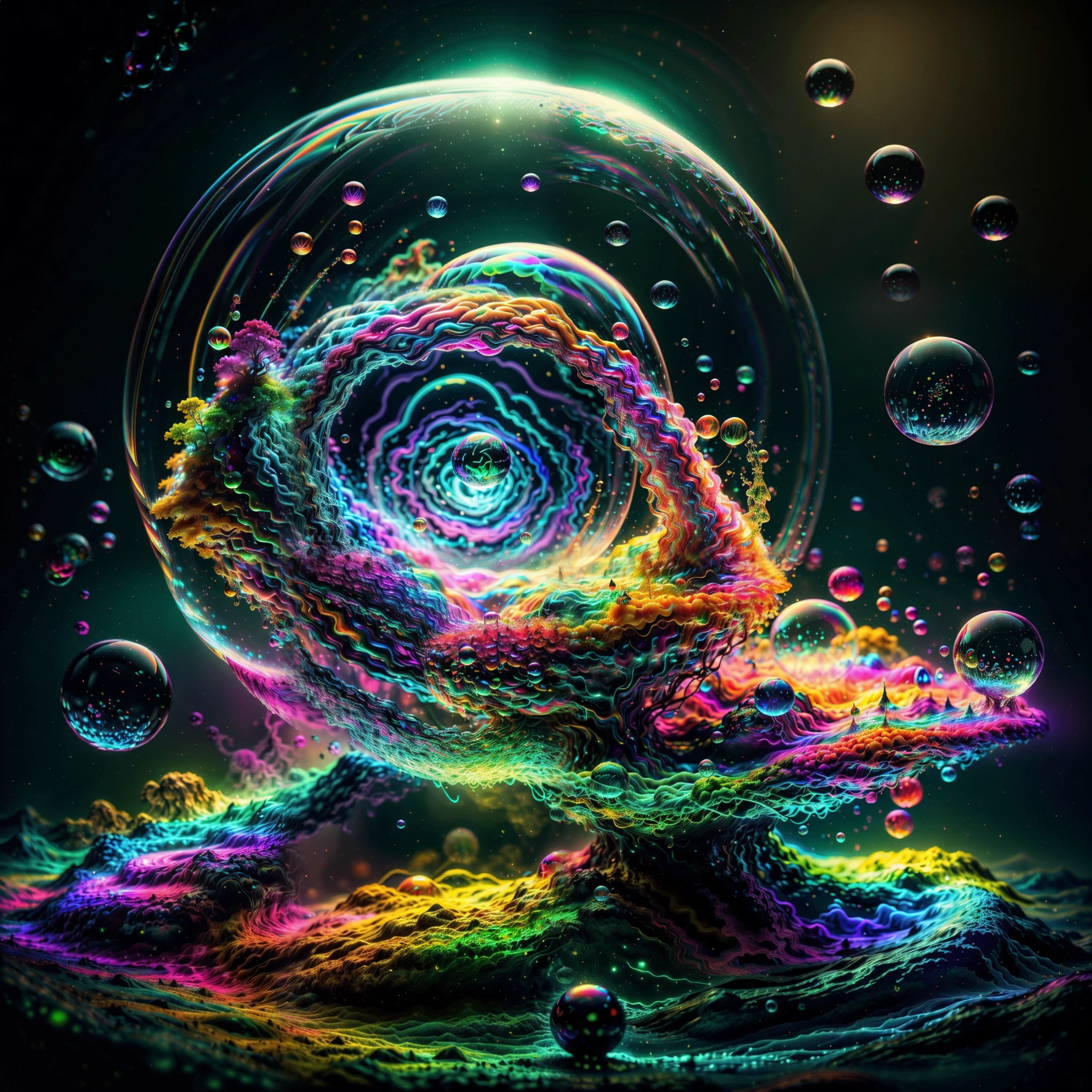A close-up of beautiful bubbles floating on top of each other, LSD, DMT imagery. GlowingNightmare, smile, neon colors, glowing, GlowingRunes_pink, GlowingRunes_green, GlowingRunes_paleblue, psychedelic droplets of water, abstract liquid, and intricate rainbow art. octane render, black 3d fluid simulation, ethereal bubbles, swirling liquids, and highly detailed, octane render, reflective rainbow bubbles, twisted colors inside of glass spheres, Psilocybin Dream inside an amazing image of light emerging from colors in a shimmering glass morphing out of colors, bright neon and fluorescent colors,very bright, vibrant colors, perfectly formed and symmetrical reflective bubbles and spheres, attention to detail with these beautiful bubbles and spheres, Extreme Hallucinations in a gorgeous piece of psychedelic digital artwork, Stunning, pixel art, tripped out colors, 4d mandelbulb psychedelics, glass like psychedelic landscape, intricate rainbow environment, psychedelic underwater brightness and glow with neon colors, glowing colors twist inside of translucent glass spheres and bubbles with light and color reflecting off of both in bright fluorescent colors, psychedelic trip, fluorescent and neon aesthetic, psychedelic vibrant colors, bright psychedelic paint splattered backgrounds,swirling spirals and vortex, bright vibrant colors popping out from 3d glass spheres, Rotational Symmetry, Pixel Assets, Portrait photography, Surrealism, Photorealistic, Hyperdetailed, Glass Morphism, Digital Art, Sparkle, Optical Illusion, Glowing Light, Reflective Light, Overexposure, Backlighting, Depth Of Field, Spheres and bubbles show perfect Symmetry, UHD, High Details, High Quality, Super Detailed, Full Focus, Awe inspiring, Shockingly unique wallpaper art, Breathtaking, Indescribably Beautiful, Heaven sent images, Best Quality, Award Winning, Masterpiece. Psychedelic droplets of water, abstract liquid, and intricate rainbow art. octane render, black 3d fluid simulation,