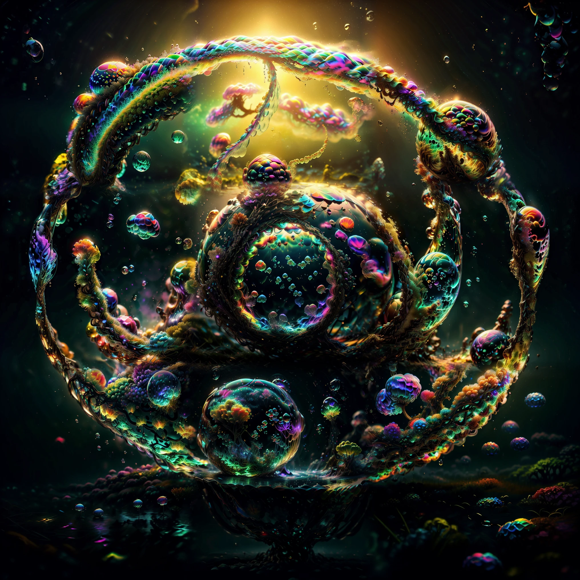 A close-up of beautiful bubbles floating on top of each other, LSD, DMT imagery. GlowingNightmare, smile, neon colors, glowing, GlowingRunes_pink, GlowingRunes_green, GlowingRunes_paleblue, psychedelic droplets of water, abstract liquid, and intricate rainbow art. octane render, black 3d fluid simulation, ethereal bubbles, swirling liquids, and highly detailed, octane render, reflective rainbow bubbles, twisted colors inside of glass spheres, Psilocybin Dream inside an amazing image of light emerging from colors in a shimmering glass morphing out of colors, bright neon and fluorescent colors,very bright, vibrant colors, perfectly formed and symmetrical reflective bubbles and spheres, attention to detail with these beautiful bubbles and spheres, Extreme Hallucinations in a gorgeous piece of psychedelic digital artwork, Stunning, pixel art, tripped out colors, 4d mandelbulb psychedelics, glass like psychedelic landscape, intricate rainbow environment, psychedelic underwater brightness and glow with neon colors, glowing colors twist inside of translucent glass spheres and bubbles with light and color reflecting off of both in bright fluorescent colors, psychedelic trip, fluorescent and neon aesthetic, psychedelic vibrant colors, bright psychedelic paint splattered backgrounds,swirling spirals and vortex, bright vibrant colors popping out from 3d glass spheres, Rotational Symmetry, Pixel Assets, Portrait photography, Surrealism, Photorealistic, Hyperdetailed, Glass Morphism, Digital Art, Sparkle, Optical Illusion, Glowing Light, Reflective Light, Overexposure, Backlighting, Depth Of Field, Spheres and bubbles show perfect Symmetry, UHD, High Details, High Quality, Super Detailed, Full Focus, Awe inspiring, Shockingly unique wallpaper art, Breathtaking, Indescribably Beautiful, Heaven sent images, Best Quality, Award Winning, Masterpiece. Psychedelic droplets of water, abstract liquid, and intricate rainbow art. octane render, black 3d fluid simulation,