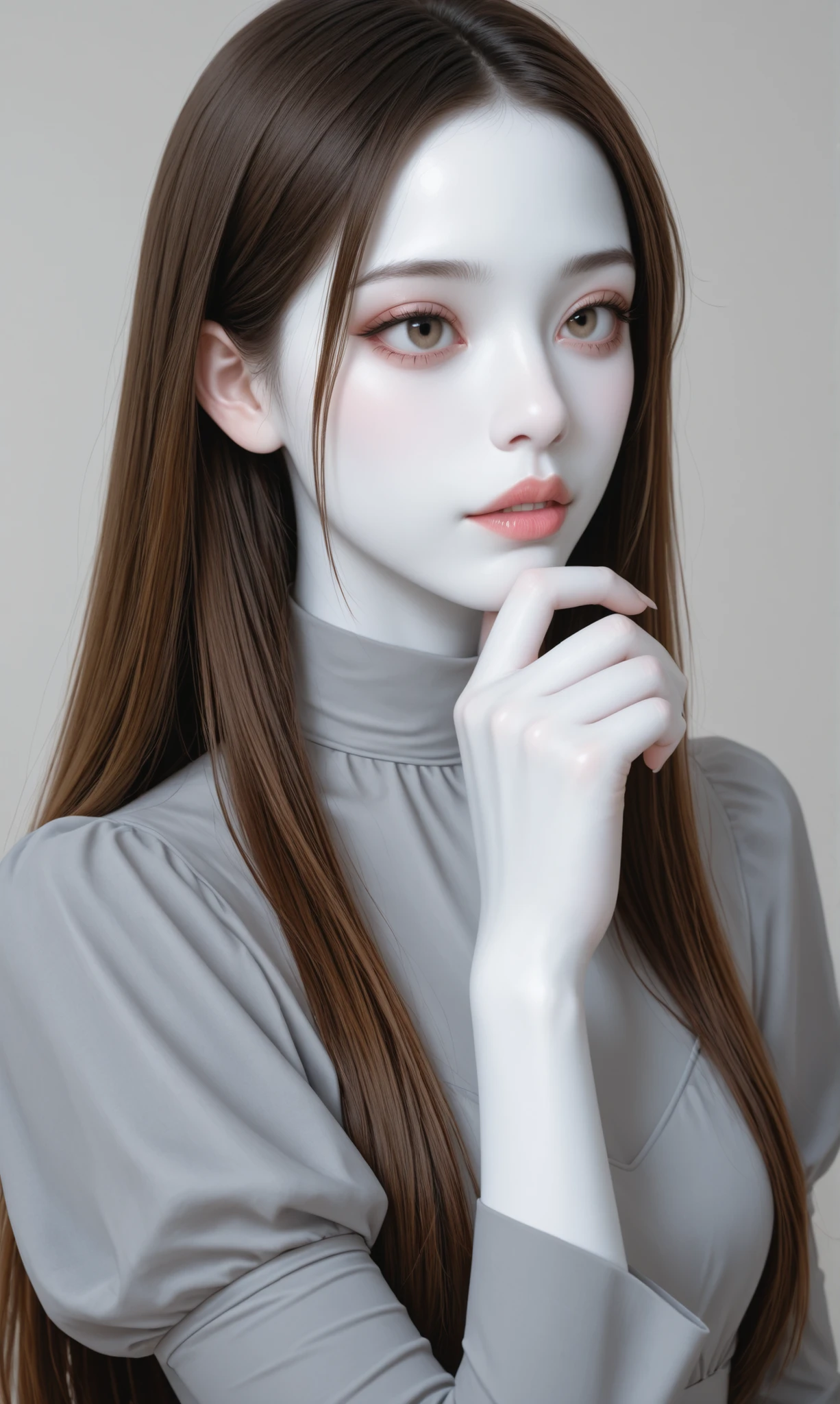 Girl, long straight brown hair, hazel eyes, sharp features, white skin, lip gloss, beautiful, perfect, wearing an elegant gray sleeved dress, bright colors, high quality resolution .