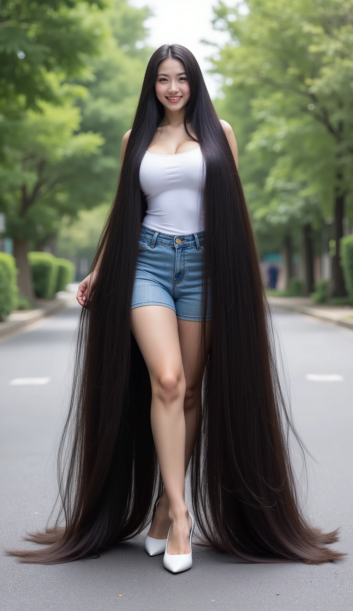 (masterpieces, super detailed, 8k, photorealistic). Very cute and young Vietnamese girl with dimples.she is standing .She wears a sleeveless and strapless white tube dress very tight , fitted tight denim mini skirt and white high heel. She has the longest black hair .She has the longest light black hair up to 32 meters long. She wears a sleeveless white mini dress , round butt and highest hips . Her longest hair is extremely straight .She has the longest to the toes , Caucasian .Background is the street in the garden. She spread her long, Medium-thick hair, soft and incredibly long from her super super long hair, ((Picture taken from 32 meters away)). ((Negative prompt: bad anatomy, bad hands, bad fingers, missing fingers, extra fingers, fused fingers, mutated hands, extra limbs, malformed limbs, distorted body, blurry, low quality, unrealistic hair, bad eyes, bad teeth,finger deformity, boker effect toes))