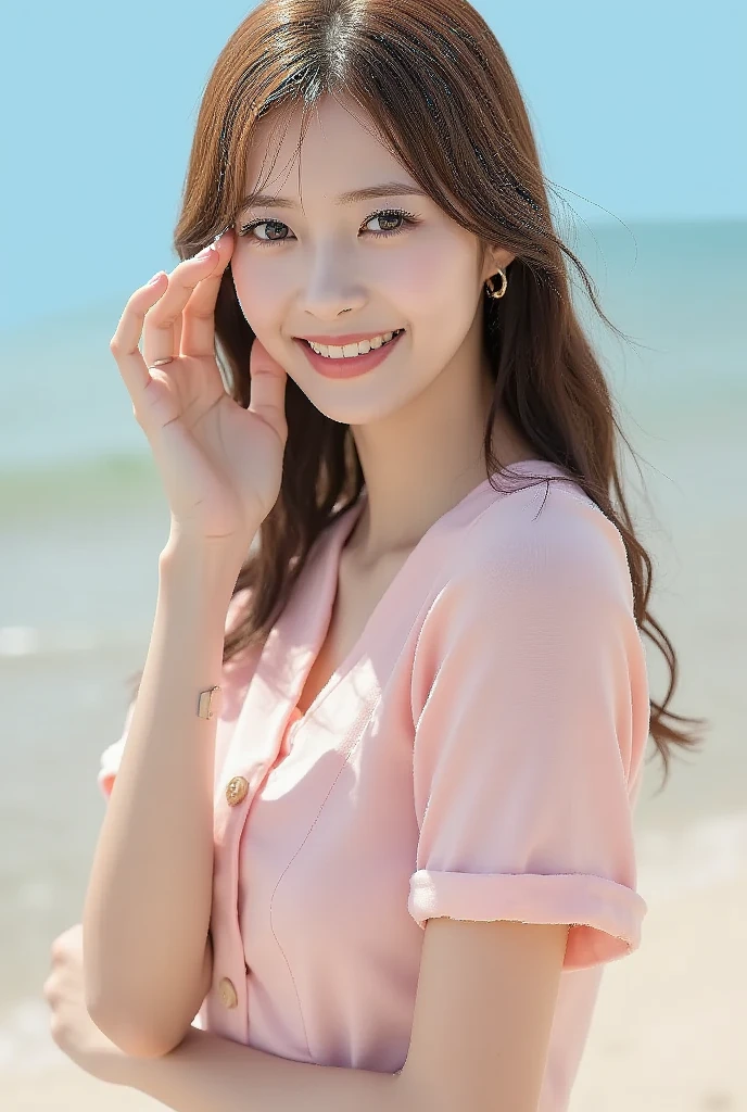 (Upper Body), (Highest quality:1.1) ,(Realistic:1.1), (photograph:1.1), (Very detailed:1.1), View your viewers,Bracelet, Jade Bracelet, eyelash, Happy, Medium chest,Beautiful detailed girl, (Very detailed目と顔), ( lighting),necklace,Colorful clothes, [Chinese clothing],[Off the shoulder], (alone:1.2), sandbeach,sand,Standing on the beach, summer, (Beautifully detailed skies),