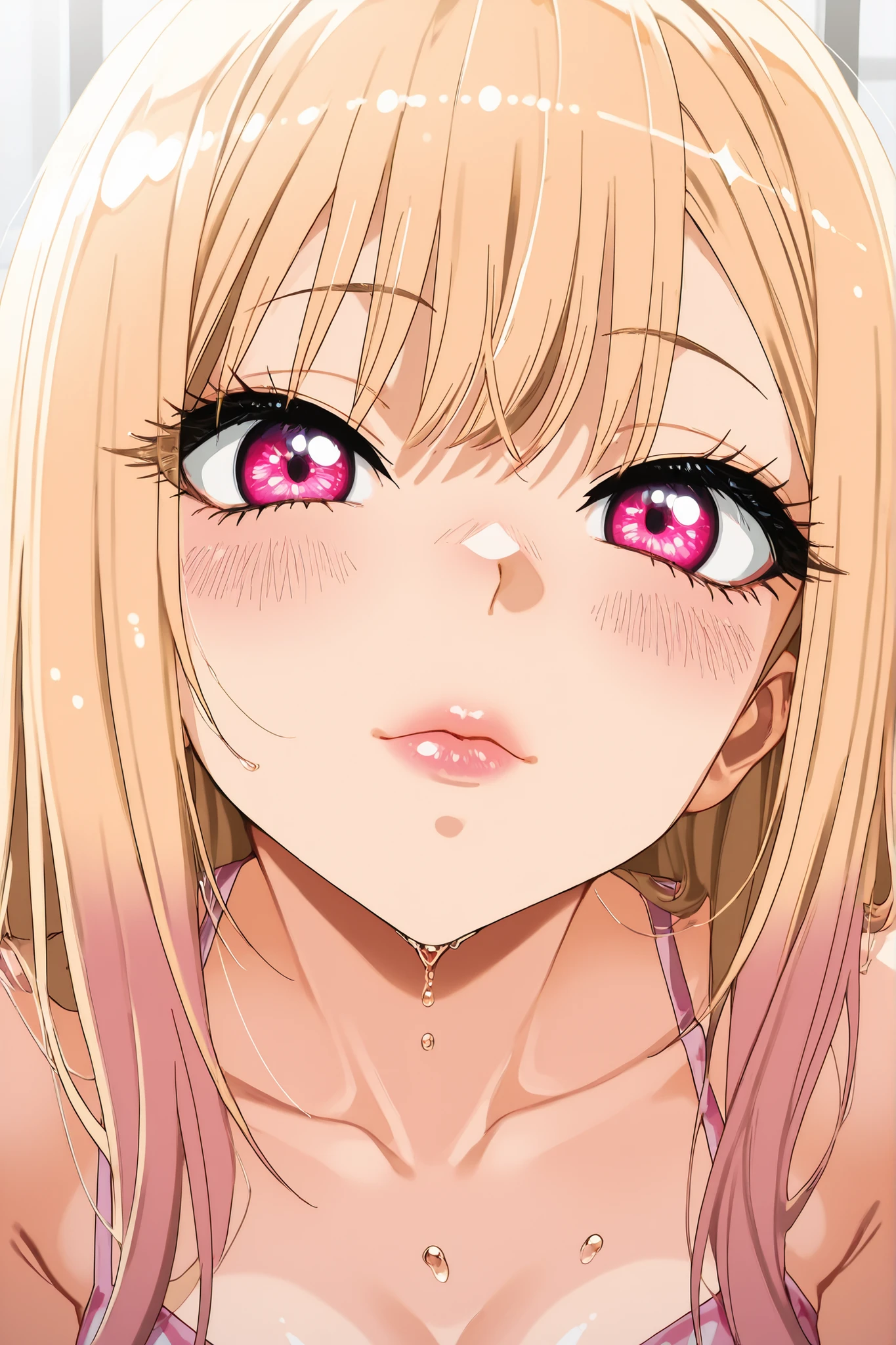 high quality, masterpiece, ultra dettagliato, Very close up of Marin Kitagawa's lips pressed against an invisible glass surface, as if he were giving a passionate kiss to the viewer through a transparent screen. Totally closed mouth in the shape of a kiss, His plump and full lips are perfectly defined, slightly crushed against the glass in a sensual kiss, creating a pressure effect that appear even more voluminous and inviting. The pearly pink gloss on the lips creates a wet and shiny effect, with small droplets of gloss that disperse slightly where the lips touch the glass. The shape of the kiss is perfectly captured, with the upper lip delicately arched and the lower lip fuller and more pressed. Her pink eyes are visible just above the lips, half-closed in a seductive and mischievous look through the long eyelashes. The bright pink irises have a particular sparkle, as if she were blinking during the kiss. Some locks of her bright blonde hair fall on the sides of her face, creating a frame natural and soft around the extreme first floor. The pop art style is manifested in the bright and contrasting colors, with daring shadows Clean lines typical of the genre that emphasize the three-dimensionality of the lips. Small strategic points of light on the lip gloss create a crystalline and brilliant effect. The background is completely white and minimalist, , making the main subject stand out even more. Light reflections and distortions on the invisible glass add depth to the scene, while fine droplets of condensation form around the point of the kiss, suggesting the warmth and intensity of the moment.  The composition is frontal and close , with the lips that occupy most of the frame in a provocative and artistic way, while maintaining the characteristic style of My Dress-Up Darling but with a modern and daring pop art interpretation.