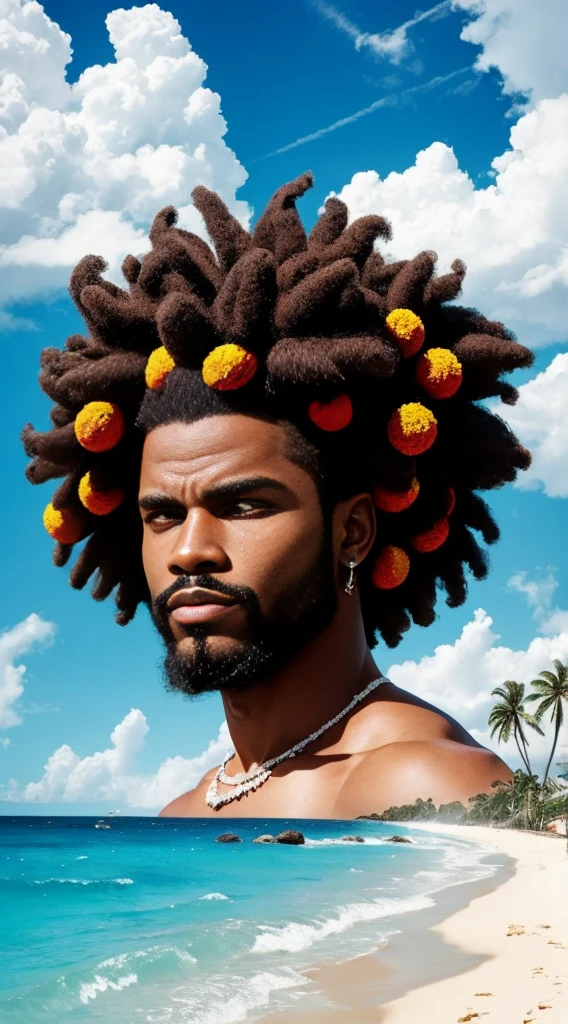 Create an image of a black ninja after an apocalypse in the future, afro cabelo caindo para frente, Rasta type but braided, corpo inteiro, wearing an Indian costume African ribulo full body, A realistic 4K phoenix with blue feathers, dourado, cosmico , com uma Moreno, de cabelo afro cabelo caindo para frente, Rasta type but braided, Estilo Art Vista de Corpo Inteiro, plano completo, vista frontal, Vista lateral, vista traseira, de personagem, Multiple views and poses, various points of view, um personagem, corpo inteiro, personagem com menos, estilo de roupa, no mesmo Estilo de cabelo, less Type of footwear, strong full-body vision, plano completo, vista frontal, vista traseira, design de personagem, Multiple views and poses, various points of view, de um personagem, corpo inteiro,, personagem com mesmo, estilo de roupa, no mesmo Estilo de cabelo, same type of footwearexpressionThe route follows the nuclei of the flag of Cape Verde. The top is deep blue, simbolizando o oceano que cerca as ilhas. The chest and the central part are white, representando a paz e a unidade do povo cabo-verdiano. The sleeves and legs are red, denoting determination and spirit, do 10 Estrelas Douradas, : Ten gold stars are prominently displayed at the top of the costume, ao longo do peito e ombros, representando as 10 principais ilhas de Cabo Verde. Cada estrela, It is carefully detailed and shines brightly against the background Star Belt A wide belt, also golden, is used in Tribal Details, O traje incorpora elementos tribais discretos em seu design, referencing the cultural heritage of Cape Verde