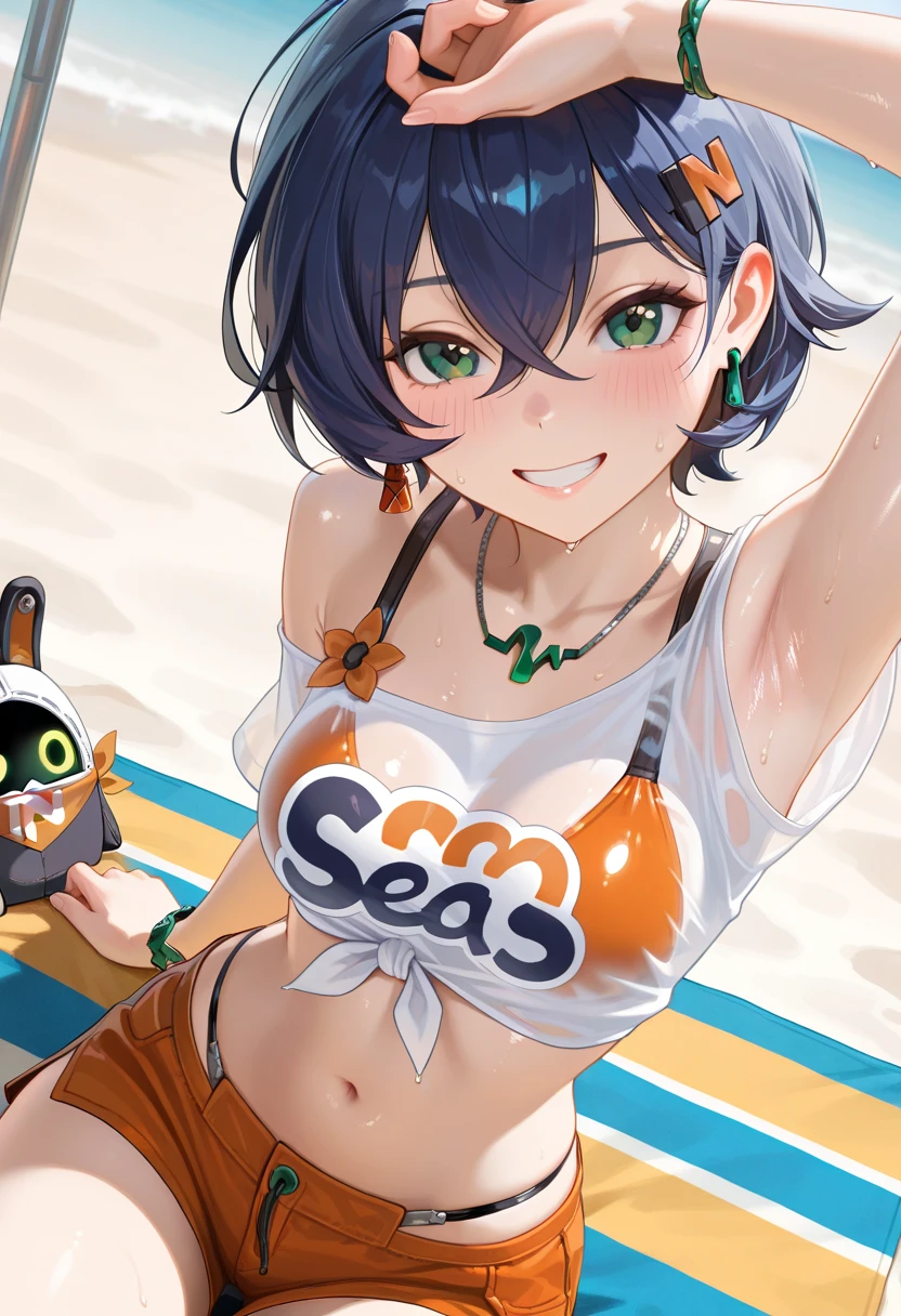masterpiece, detailed, high quality, (absurdres), high sharpness, high resolution, petra, 1girl, solo, short hair, blush, medium breasts, curvy, navel, stomach, wide hips, (cameltoe), sitting, crop top, detached sleeves, highleg panties, thighhighs, (wet:1.3, sweat:1.3), squatting, (trembling:1.3, twitching:1.3), (licking ice cream:1.3), park, sunlight, cowboy shot,