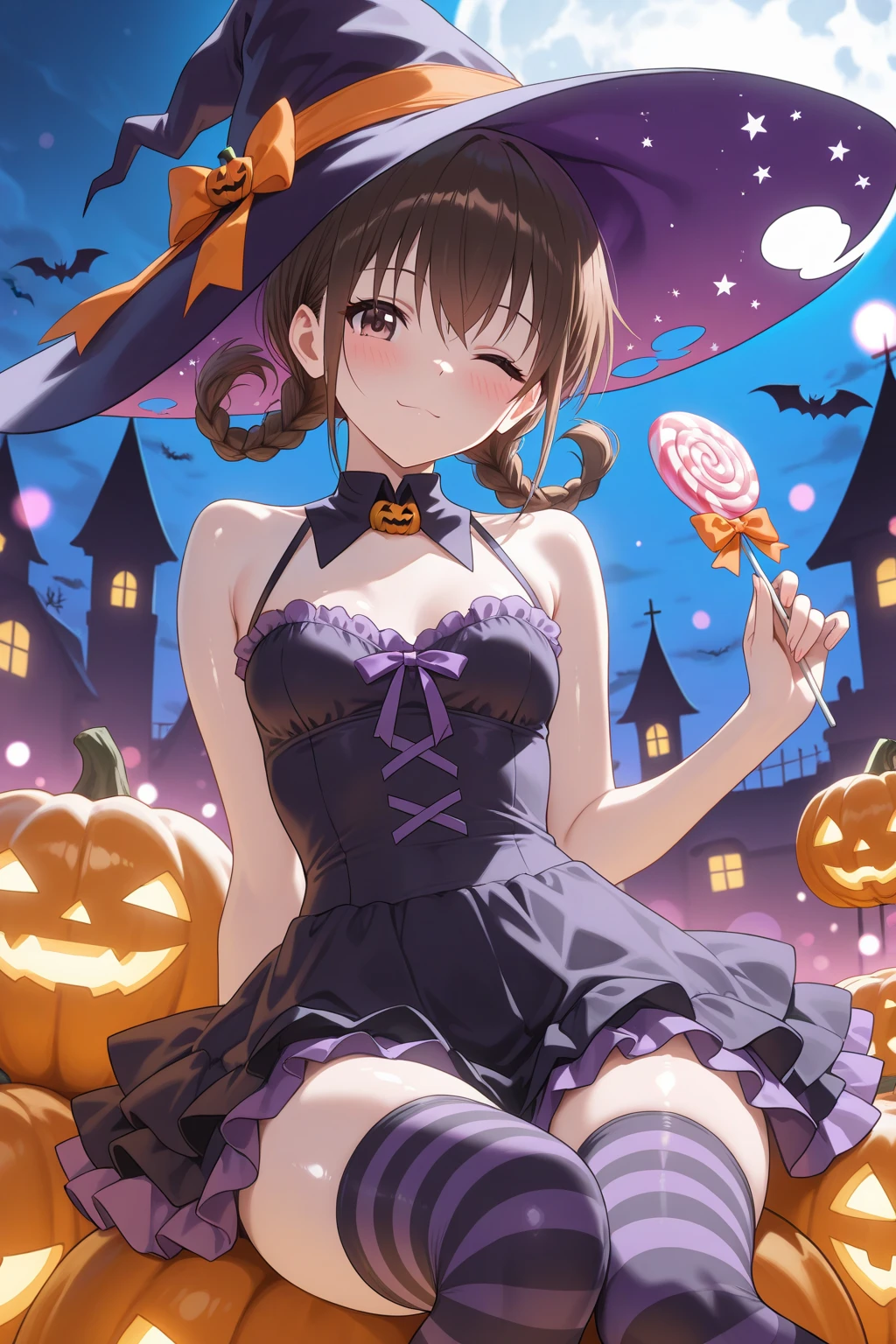 <lora:MayaYamato-03:0.7>,huhehe, 1girl, solo, looking at viewer, blush, smile, short hair, open mouth, skirt, brown hair, bow, ribbon, navel, holding, animal ears, bare shoulders, brown eyes, sitting, tail, :d, pantyhose, frills, food, socks, fang, midriff, striped, indoors, cat ears, star (symbol), cat tail, witch hat, detached collar, wariza, bug, curtains, candy, halloween, lollipop, jack-o'-lantern, candle, halloween costume, pumpkin, mismatched legwear, silk, spider web, spider