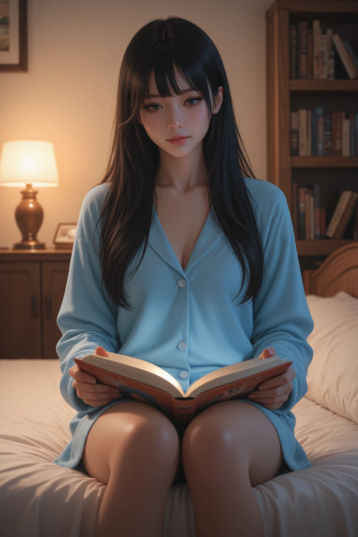 Uma linda mulher loira: 5, deitada em uma cama lendo um livro: 4, extremamente sexy: 3, corpo intrincado e detalhado: 2, em um quarto ricamente detalhado: 1, obra-prima, melhor qualidade: 1.4, cinemactic, Canon EOS R5, 50mm, F/1.8, highlight lighting, Foto RAW, (Fotorrealista:1.8, Realistic), 8k, UHD, DSLR, luz baixa severa, alta qualidade, foco nítido, FujiFilm XT3