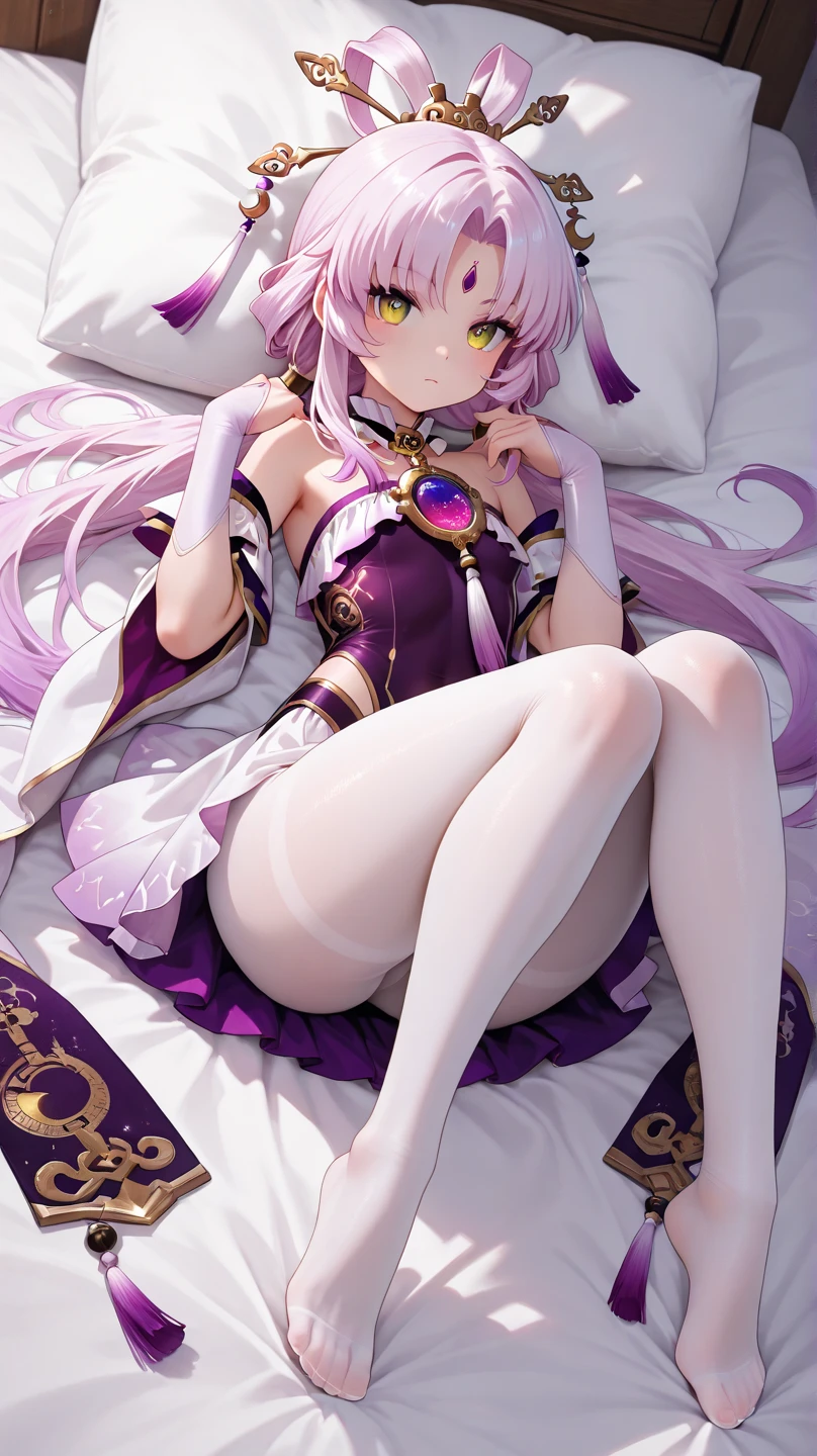 (score_9, score_8_up, score_7_up), 1girl, fuxuan, hair ornament, lying, white pantyhose, no shoes, foreshortening, expressionless, on bed, <lora:fuxuan-strPO-v1b:0.9>
